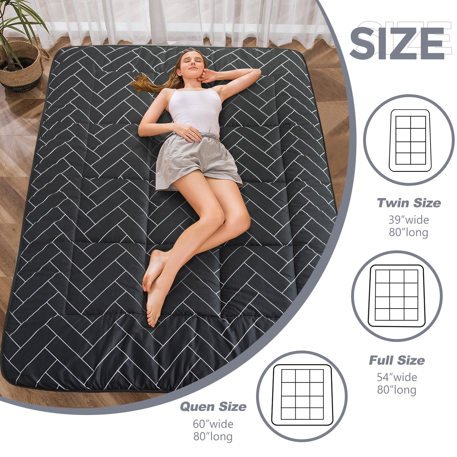 MAXYOYO Japanese Floor Futon Mattress - Black Geometric Pattern, 3-Inch Thick Foldable Sleeping Pad for Guest Bed, Floor Bed, Camping & Travel | Comfortable & Space-Saving