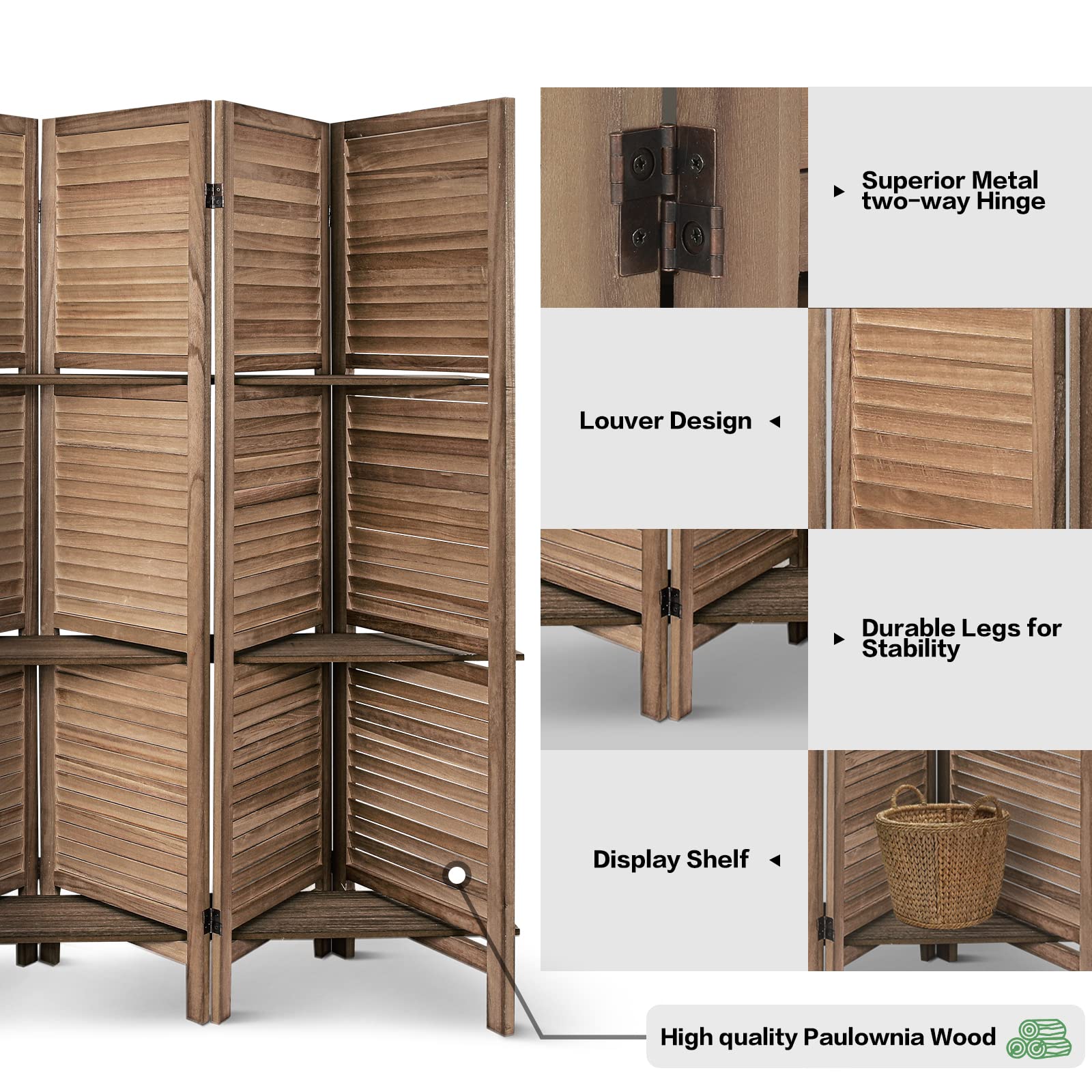 ECOMEX 5.6Ft Wooden Room Divider with Shelves - Fully Assembled Folding Privacy Screen for Bedroom, Office & Living Room - Dark Brown Home Decor Partition