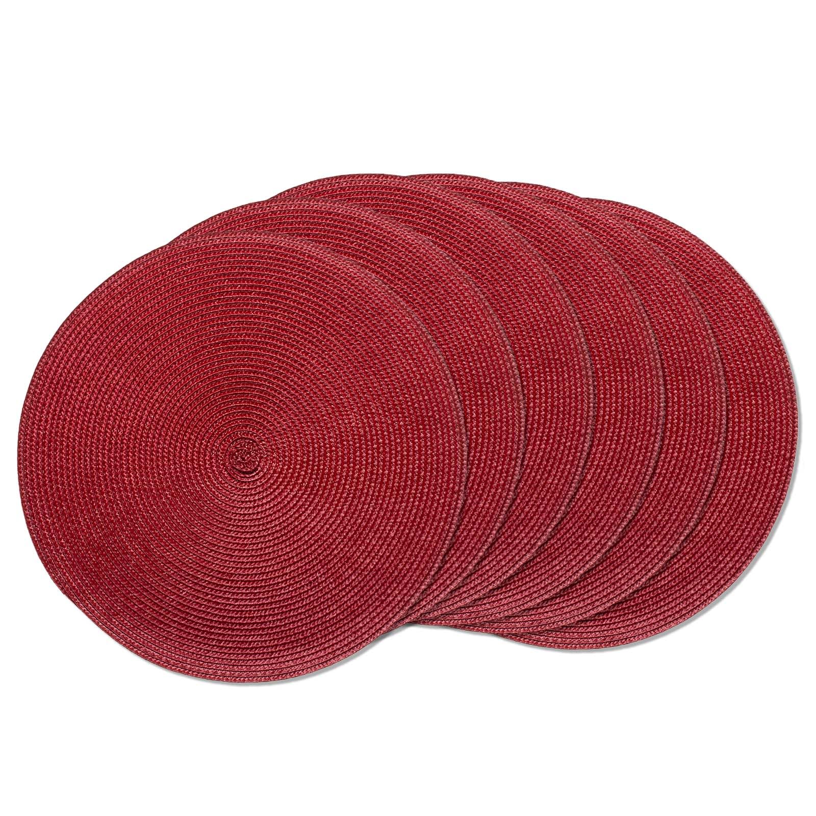 AHHFSMEI 15 Inch Round Braided Placemats Set of 6 - Natural Woven Heat Resistant Table Mats for Dining, Kitchen, and Outdoor Use (Burgundy Red)