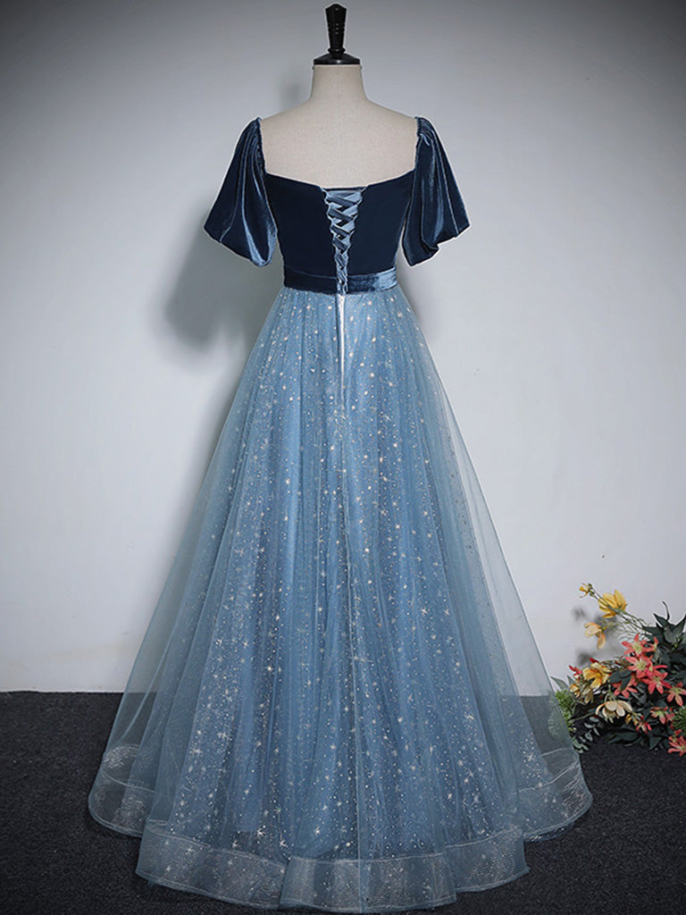 Elegant A-Line Tulle Velvet Blue Long Prom Dress for Women | Formal Evening Gown for Homecoming, Ball & Special Occasions