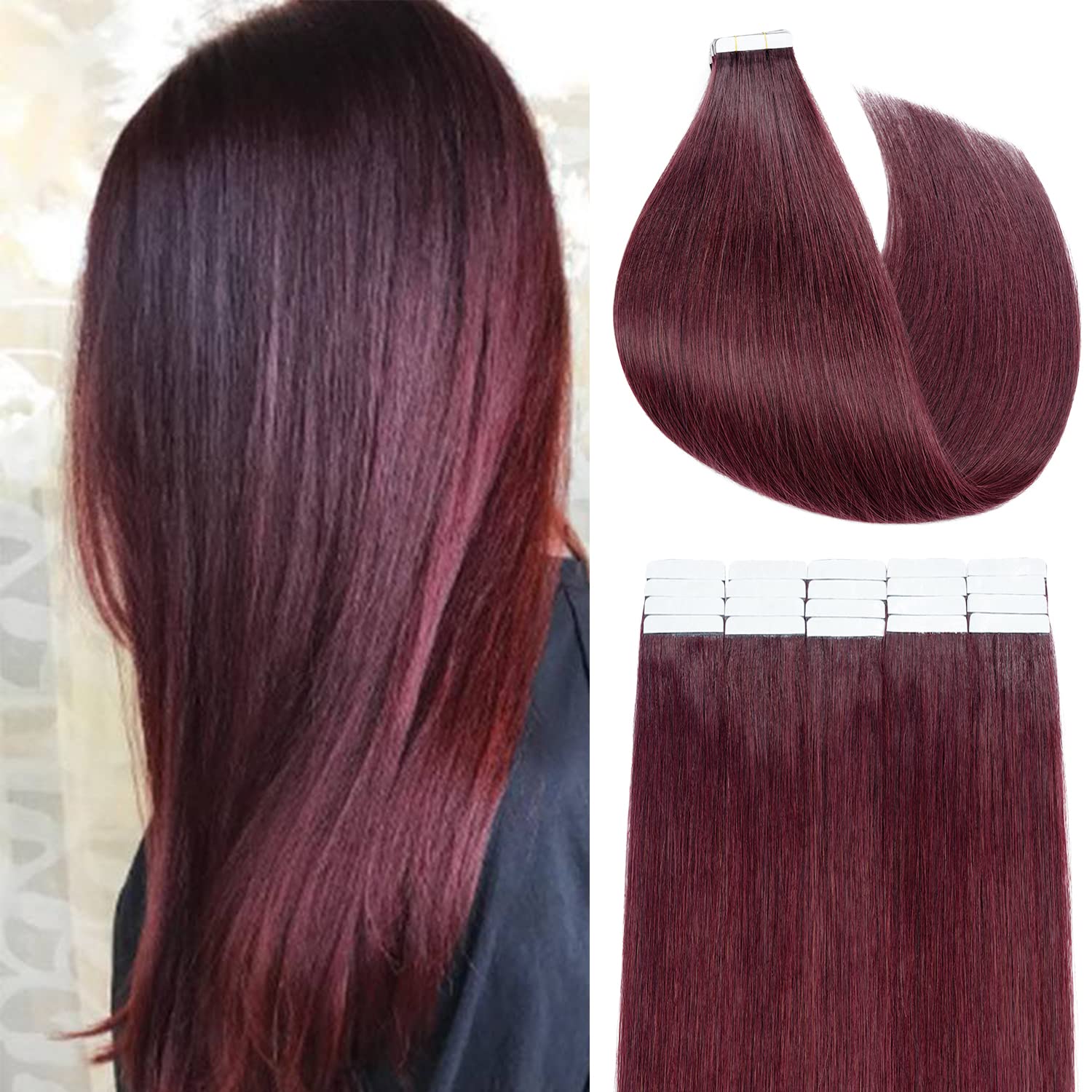 S-noilite 24 Inch Burgundy Tape in Hair Extensions - 50g 20Pcs Real Human Hair Skin Weft Seamless Extensions #99J Wine Red - Perfect for Parties, Weddings & Daily Styling