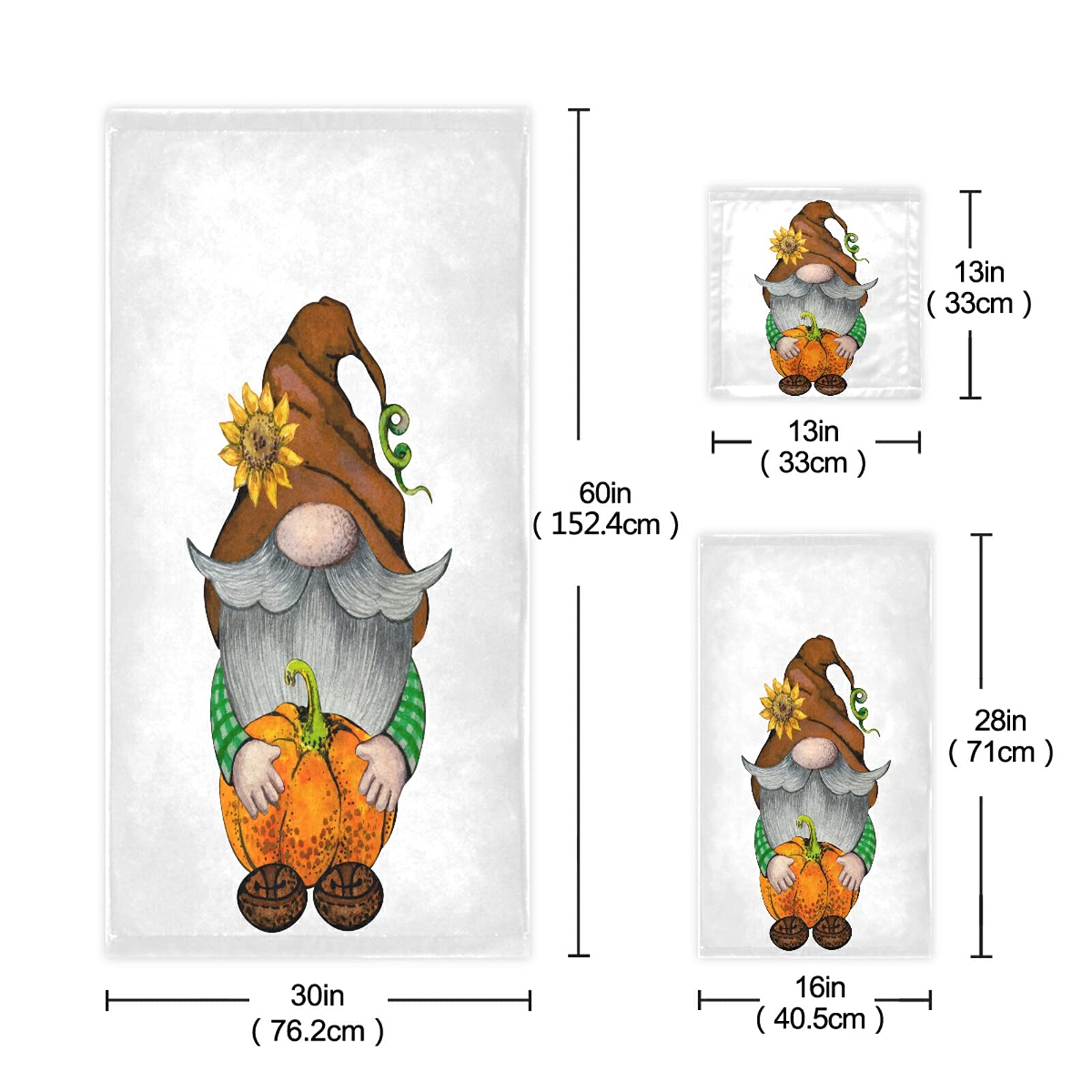 ALAZA Brown Fall Gnome with Pumpkins Bath Towel Set - Luxury 3-Piece Decorative Towel Set (1 Bath Towel, 1 Hand Towel, 1 Washcloth) - Ultra Soft & Absorbent for Bathroom, Hotel, Gym, Yoga & Spa