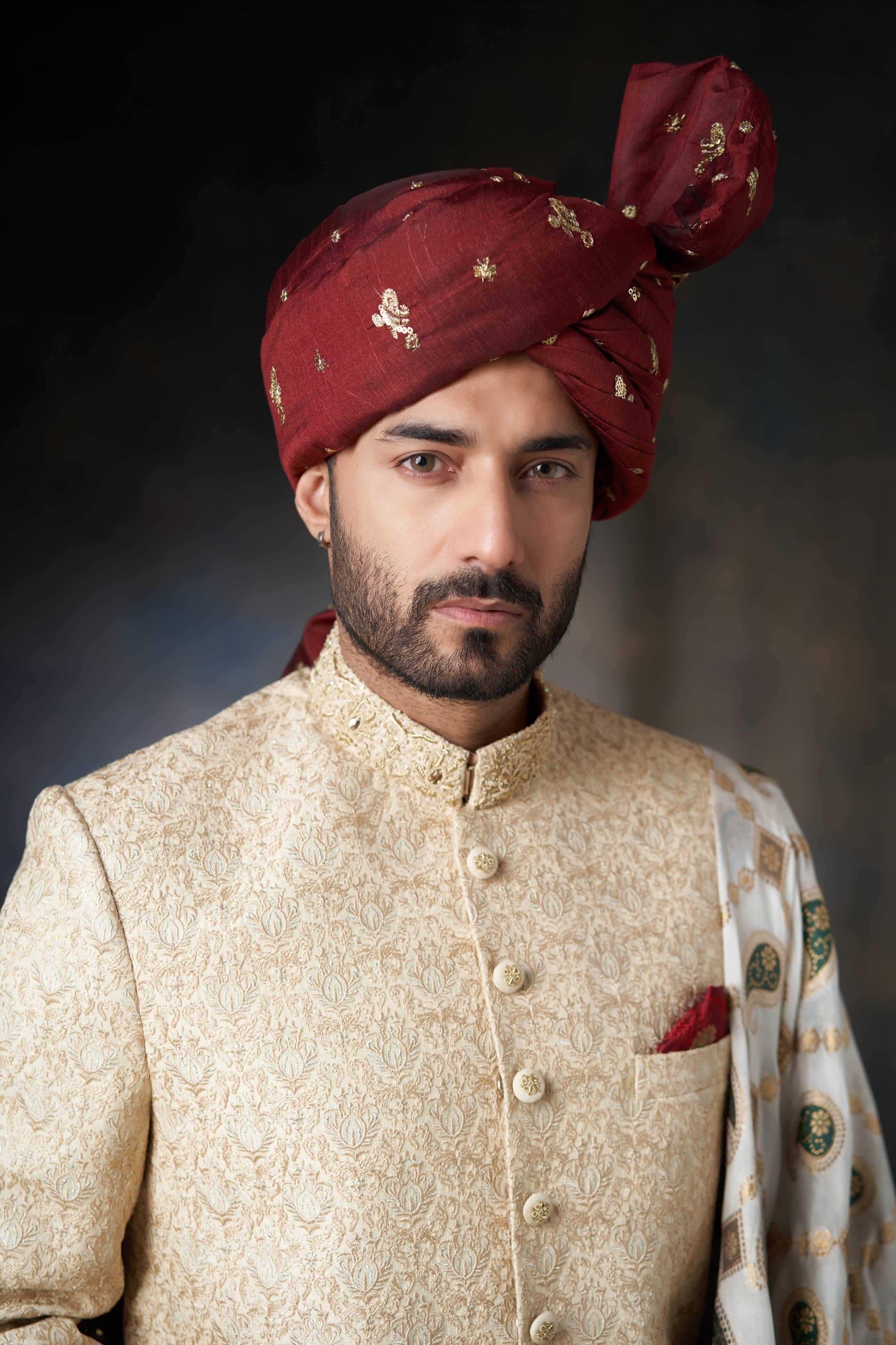 Exquisite Gold Thread Embroidered Raw Silk Sherwani with Matching Silk Shawl | Traditional Indian Wedding Attire for Groom & Groomsmen | Perfect for Weddings, Festivals & Special Occasions