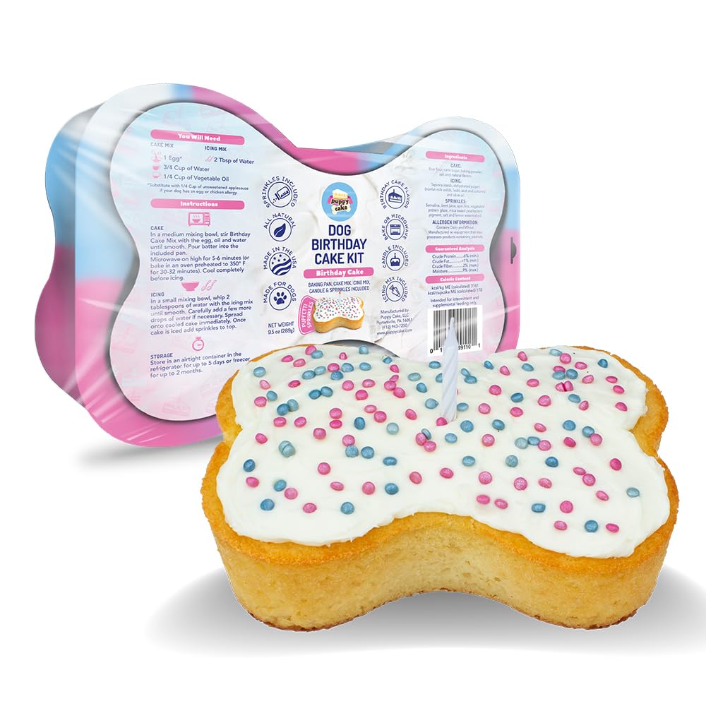 Puppy Cake Dog Birthday Cake Kit - Complete Cake & Icing Mix with Candle & Silicone Pan - Birthday Cake Flavor with Sprinkles - Bake or Microwave - Made in USA - Perfect for Dog Birthday Parties, Adoption Anniversaries & Special Celebrations