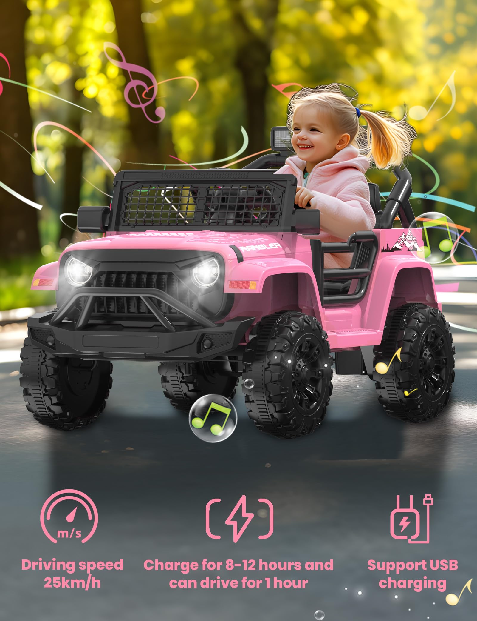 12V Kids Electric Ride-On Truck Car - Pink Off-Road SUV with Parental Remote Control, Safety Belt, LED Lights & Music | Forward/Reverse Functions | Perfect Gift for Girls Ages 3-5 | Outdoor Play, Backyard Fun & Birthday Presents