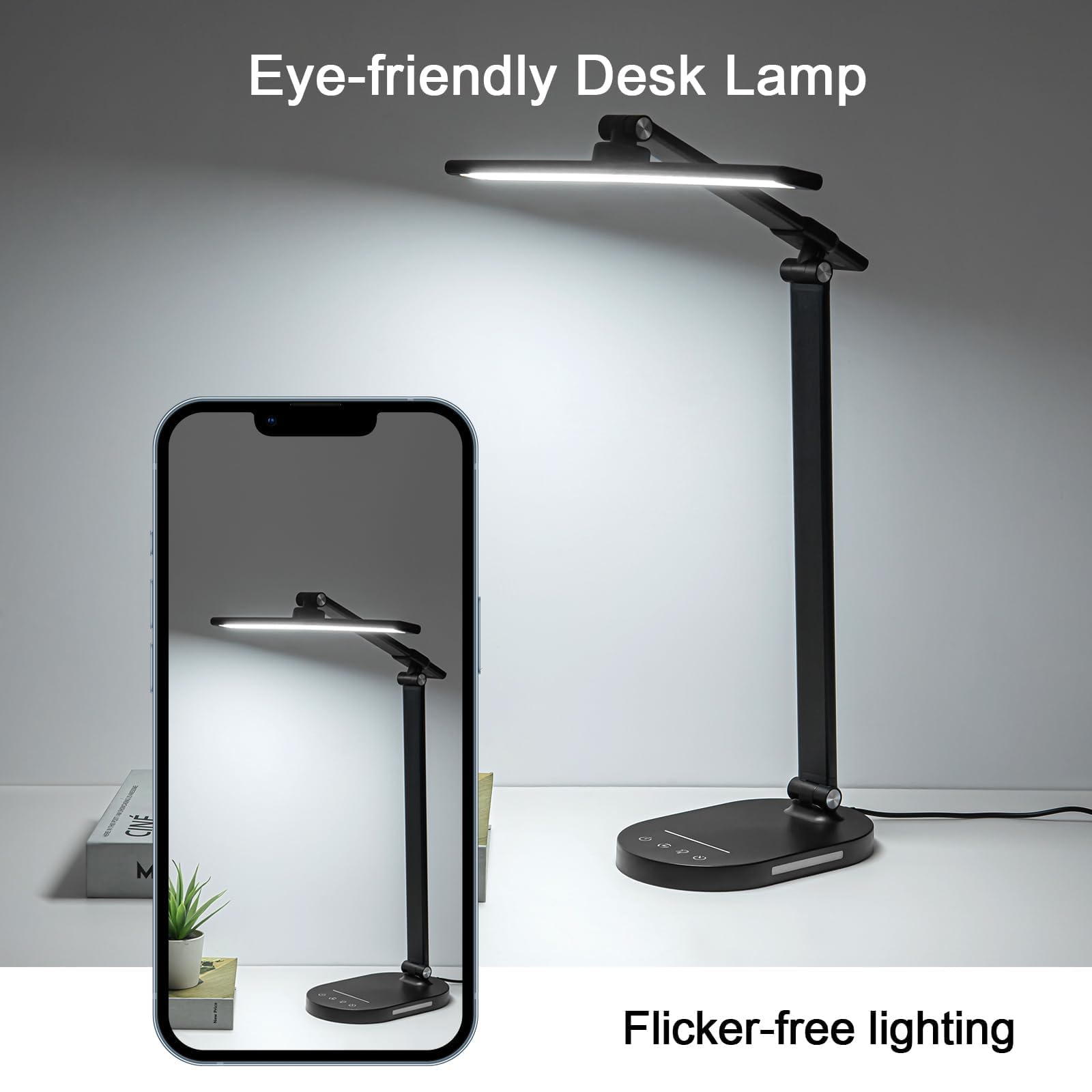 Adjustable LED Desk Lamp with 5-Level Dimmable Brightness (3000-6500K) - Foldable Touch Control Office Reading Lamp for Study, Bedroom & Workspace - Black