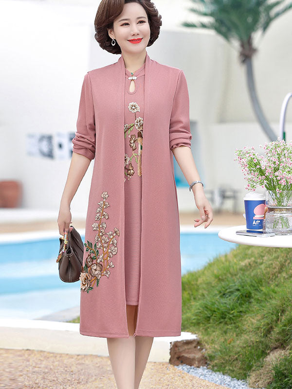 2-Piece Embroidered Knit Cheongsam Dress & Top Set for Women - Elegant Chinese Qipao Outfit for Mother's Day, Weddings & Special Occasions
