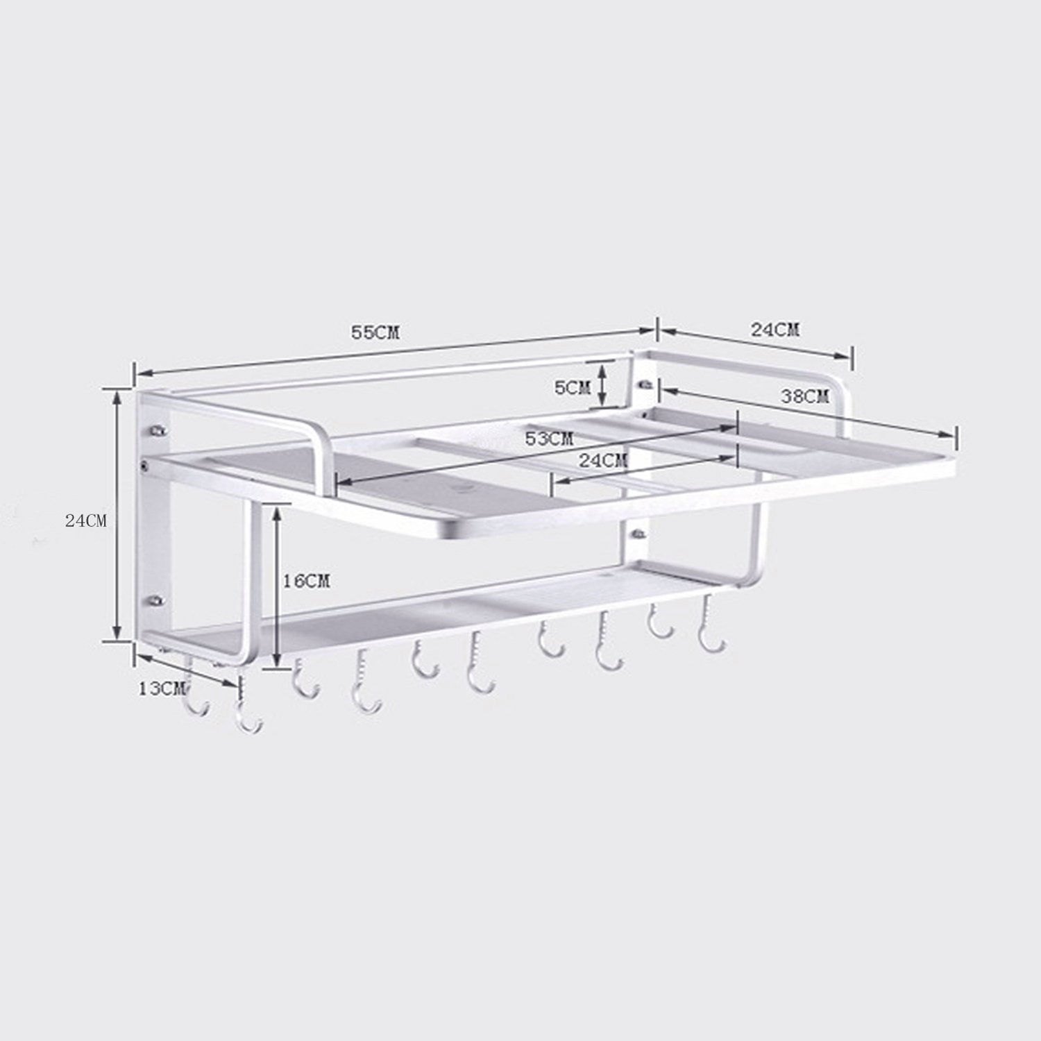 Premium Aluminum Microwave Oven Wall Mount Shelf - Double Deck Storage Rack with Hooks, Space-Saving Silver Organizer for Kitchen, Pantry, or Garage Storage