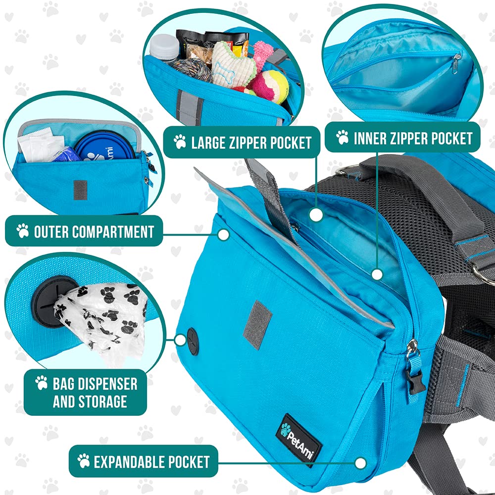 PetAmi Dog Backpack for Medium & Large Dogs - Adjustable Dog Saddle Bag with Reflective Safety Pockets - Perfect for Hiking, Camping & Travel - Comfortable Vest Dog Pack for Outdoor Adventures (Blue, Medium)