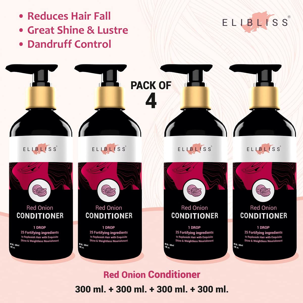 ELIBLISS Red Onion Hair Conditioner for Hair Growth & Hair Loss Prevention - Infused with Red Onion Seed Oil Extract (300ml, Pack of 4) - Promotes Stronger, Thicker Hair for Men & Women | Perfect for Daily Use & Damaged Hair Repair