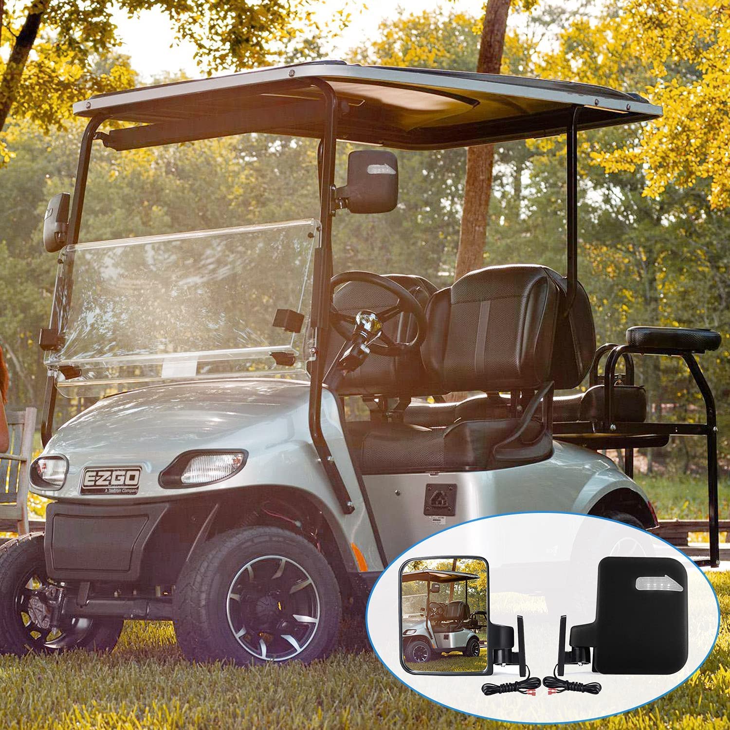 Universal Golf Cart Side Mirrors with Turn Signal Lights - Rear View Mirror Compatible with Club Car, EZGO & Yamaha Golf Carts - Perfect for Safe Driving on Golf Courses & Neighborhood Streets