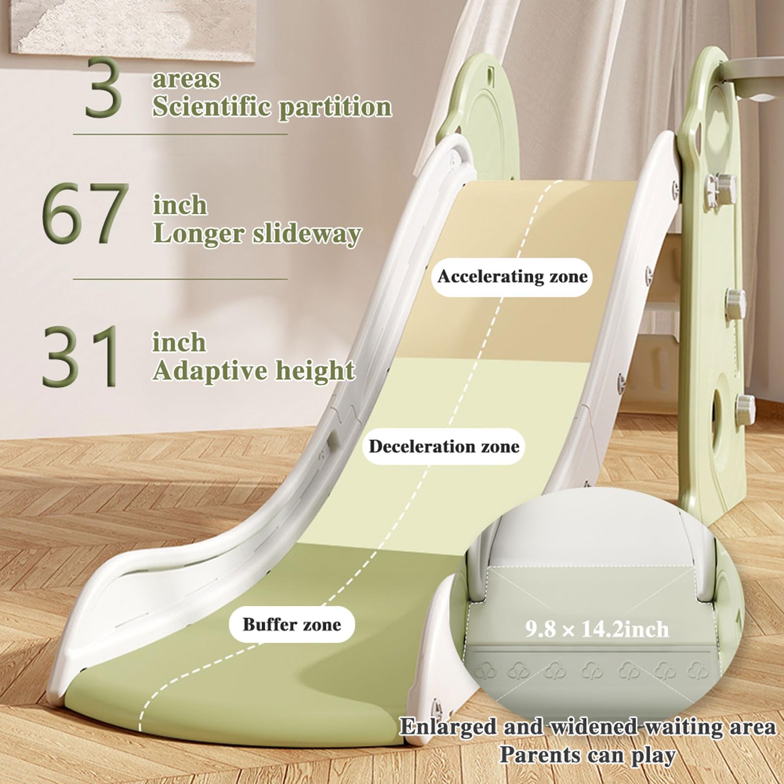 Toddler Slide with Basketball Hoop - Indoor/Outdoor Play Slide for Kids Ages 1-5 | Extra Long Sliding Slope, Easy Storage & Safe Design | Perfect for Backyard, Playroom & Daycare (White & Yellow Geometric Pattern)
