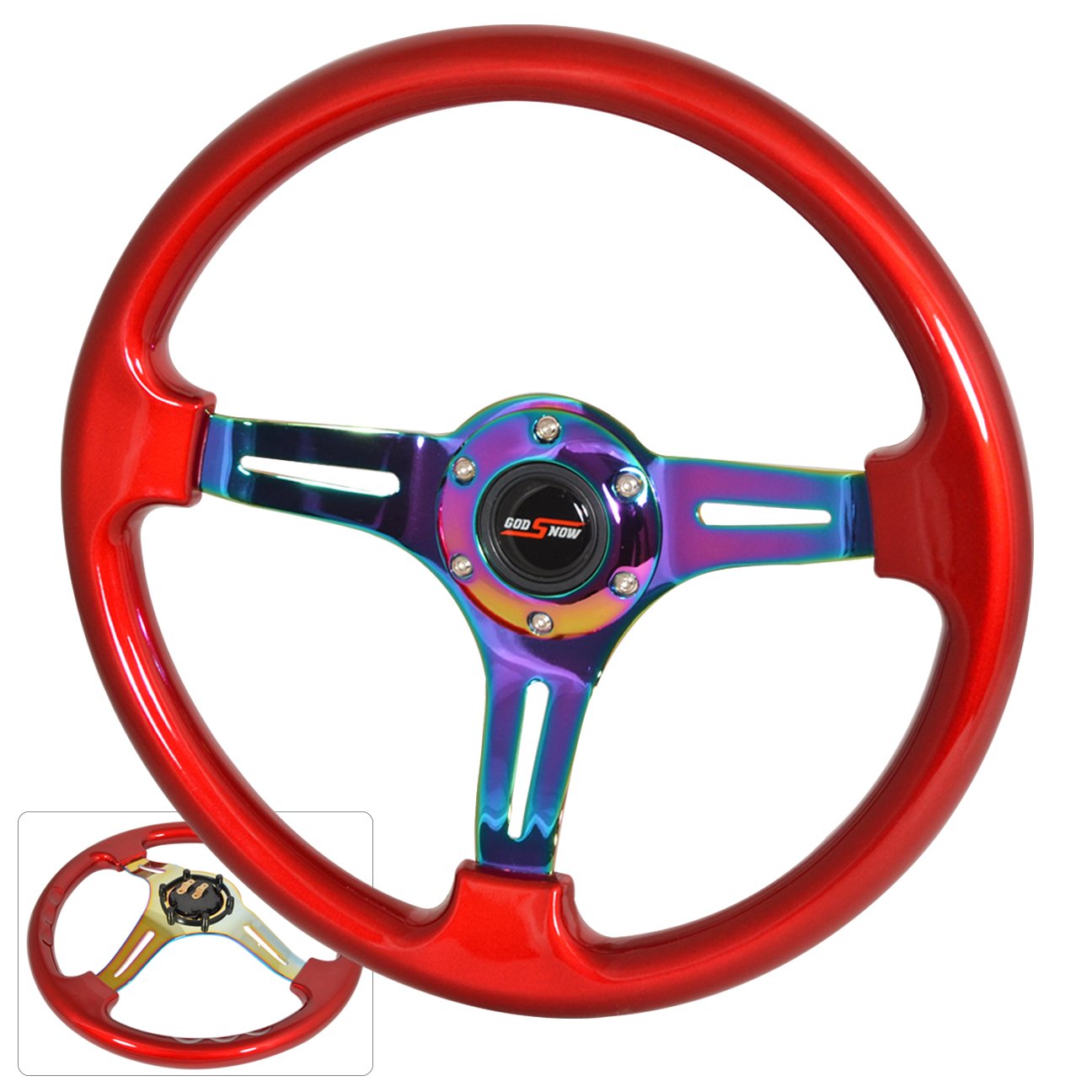 Heavy Duty 6 Bolt 350mm Metal Steering Wheel with Neo Chrome Center & Red Trim - 3 Spoke Design with Streak Holes - Compatible with Godsnow Horn Button - Perfect for Racing, Drifting & Custom Car Builds