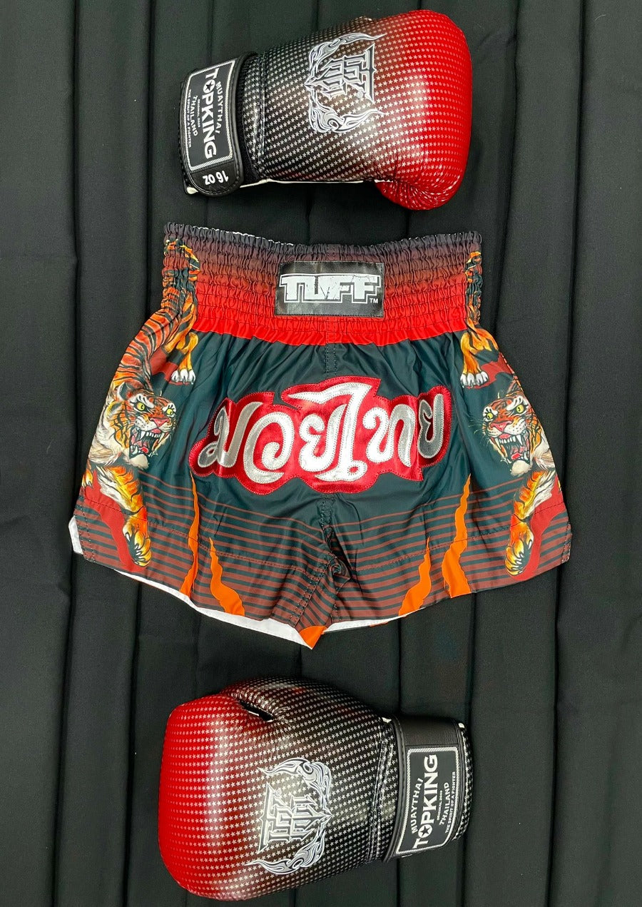 Premium TUFF MUAY THAI SHORTS - Tiger Power Black/Orange for MMA Training & Muay Thai Fighting - High-Performance Kickboxing Shorts for Combat Sports