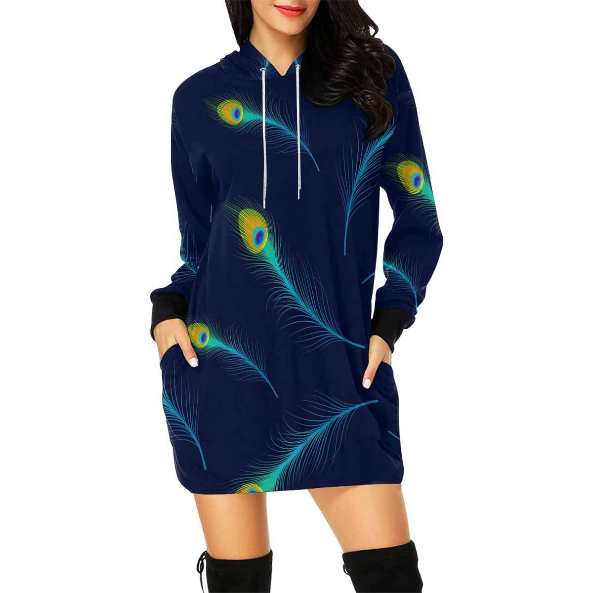 InterestPrint Women's Long Sleeve Mini Hoodie Dress with Peacock Feather Print in Blue | Drawstring Pullover Sweatshirt | Casual Outfit for Streetwear, Lounge & Fall Fashion