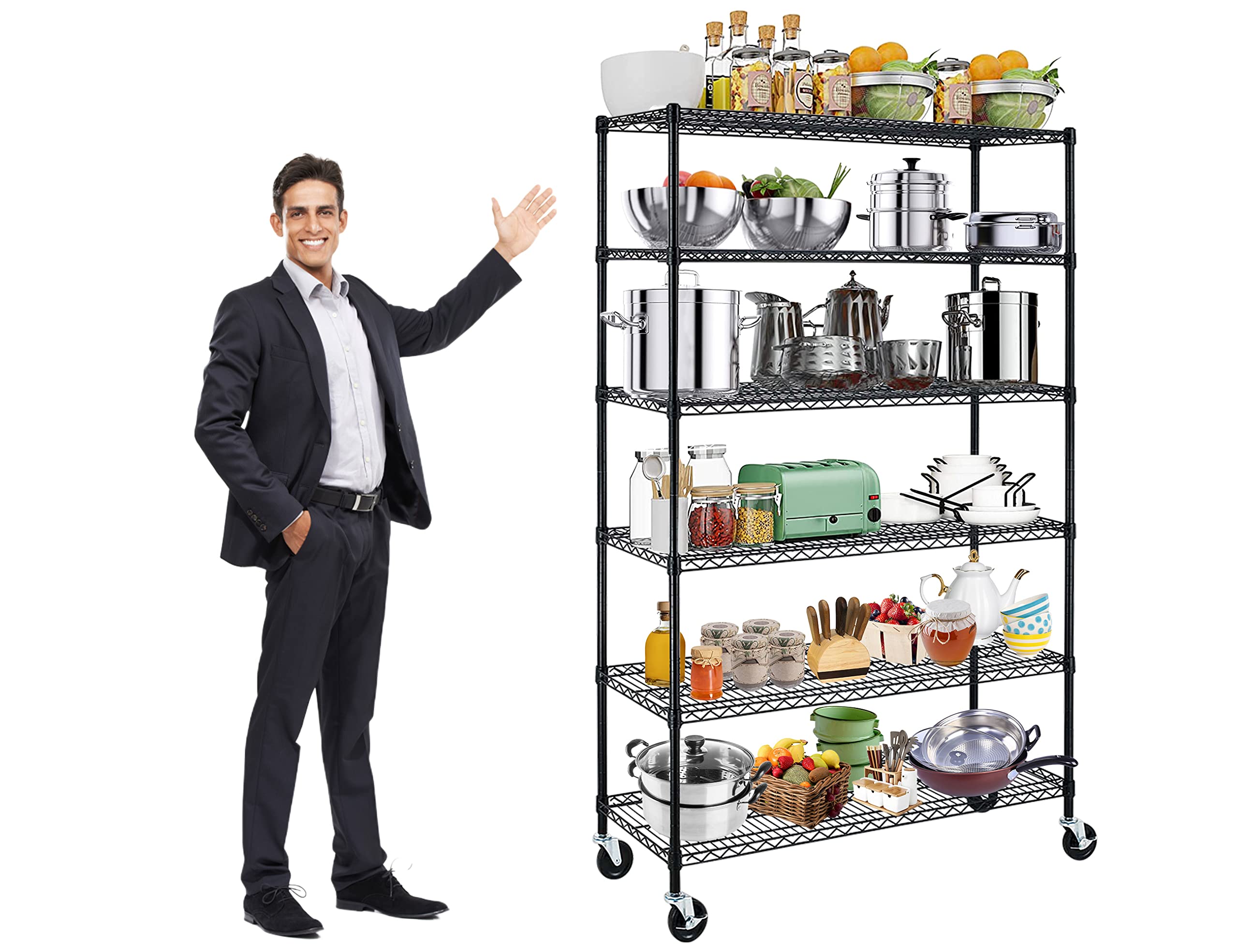 Heavy-Duty 6-Tier Metal Wire Shelving Unit - 750Lbs Capacity Garage Storage Shelves, Adjustable Steel Storage Racks with Rust-Proof Coating (Black) - Perfect for Garage Organization, Warehouse Storage & Home Closet Shelving