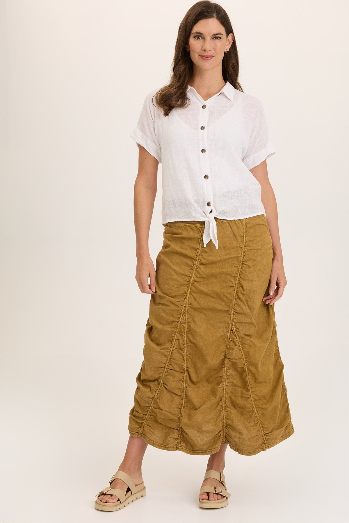 Linen Shirred Asymmetric Midi Skirt for Women - Boho Summer Beach Skirt with Side Slit, Comfortable & Flowy - Perfect for Vacation, Date Night, and Casual Outings