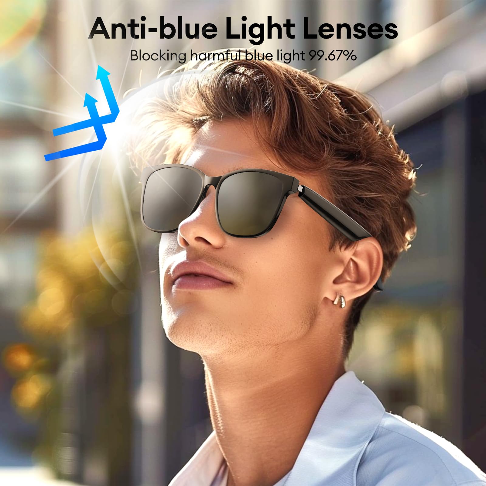 Smart Bluetooth Glasses with AI Translation & Blue Light Filtering - HY-C8 Black for Travel & Work