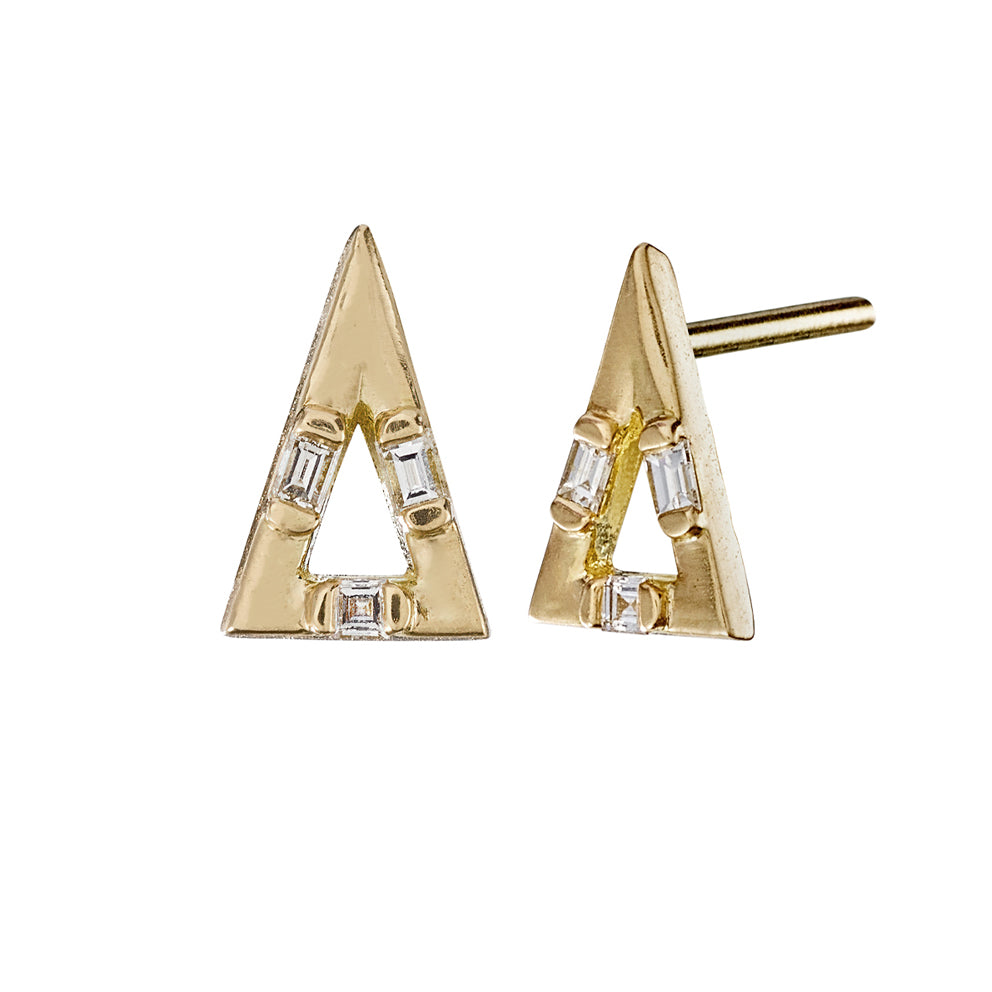 Luxury 14K Gold Pyramid Stud Earrings with Baguette Cut Diamonds - Perfect for Weddings, Parties & Special Occasions