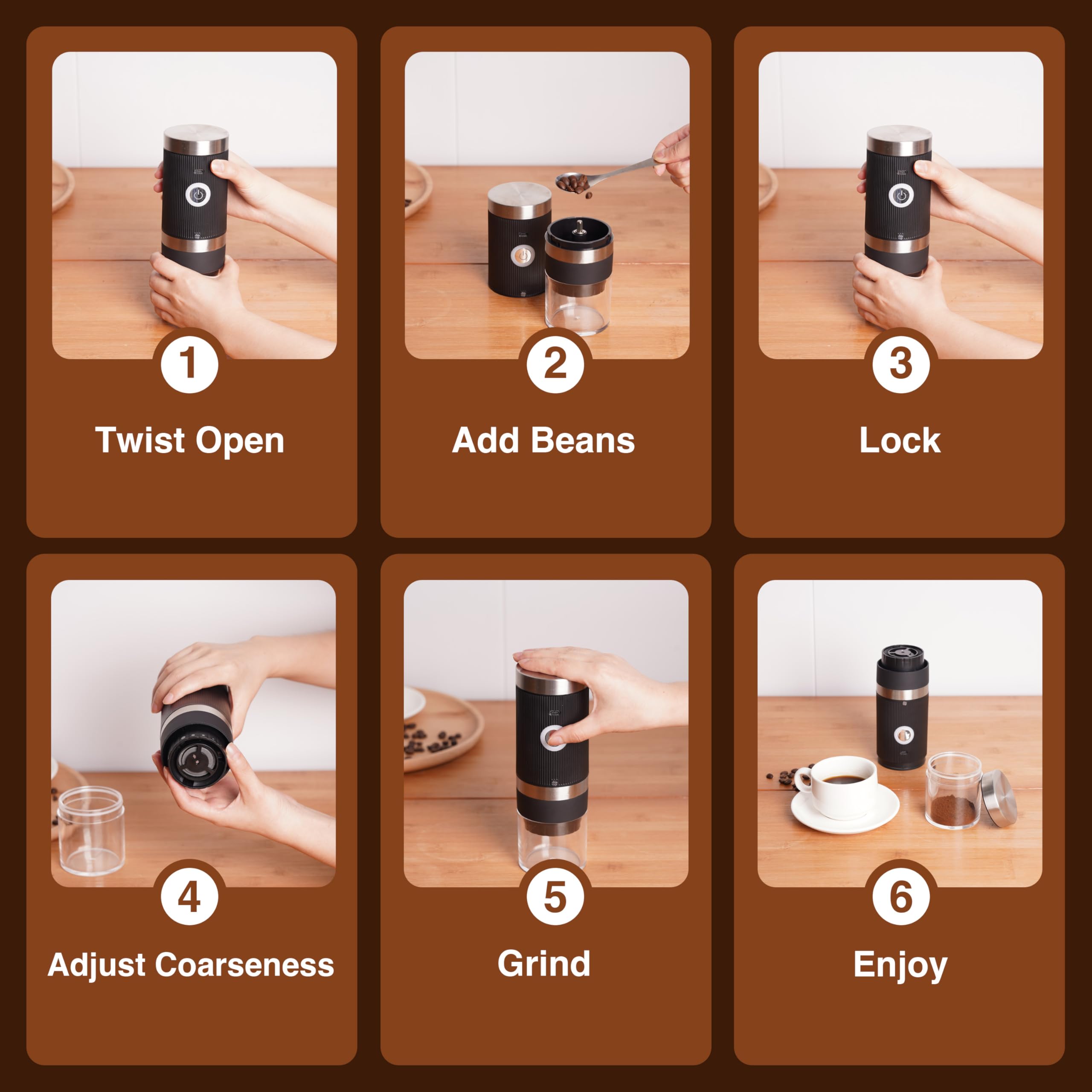 Premium Electric Burr Coffee Grinder - Adjustable Coarseness, USB Rechargeable & Cordless for Fresh Ground Coffee - Portable Design Perfect for Home, Office, Travel & Camping - Black