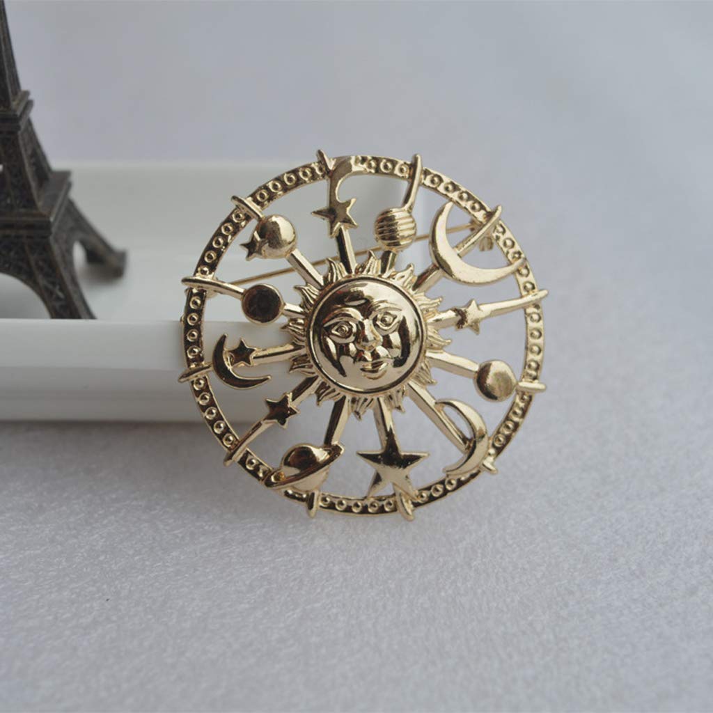 Golden Star Moon Sun Galaxy Brooch - Unisex Pewter Lapel Pins for Cardigan, Blouse & Shawl - Cosmic Couple Jewelry for Everyday Wear & Special Occasions