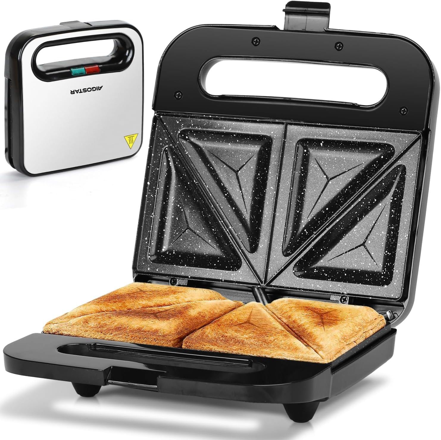 Aigostar Electric Sandwich Maker with Nonstick Ceramic Plates - Panini Press, Grilled Cheese Maker & Breakfast Toaster for Tuna Melt, Omelets & Snacks - Stainless Steel Tostadora de Pan - Perfect for Quick Breakfasts, Office Lunches & Family Snack Time