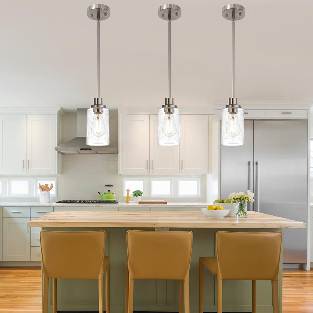 Modern Brushed Nickel Pendant Light Fixture - Adjustable 1-Light Hanging Lighting for Kitchen Island, Dining Table, Hallway, Bedroom, Office & Bar | Farmhouse & Contemporary Home Decor