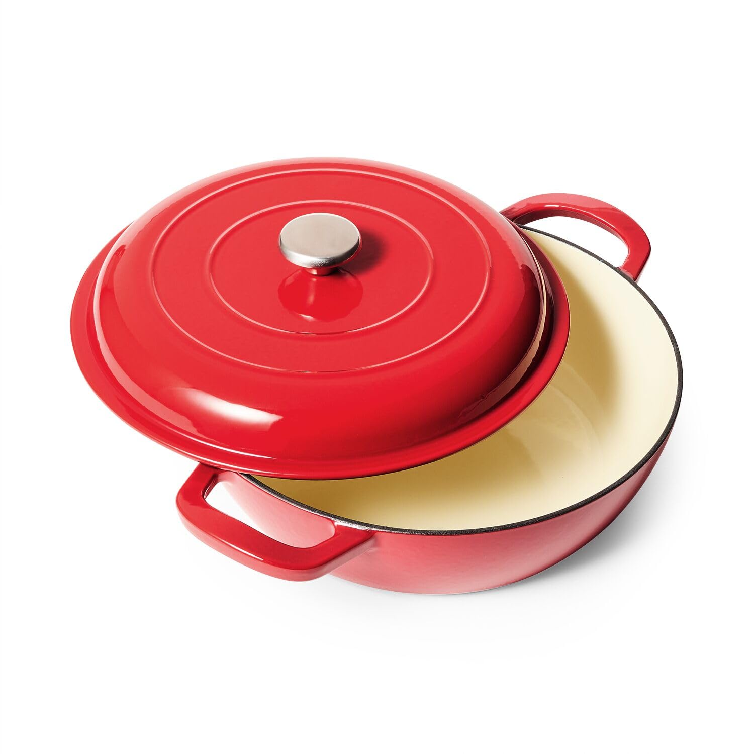 Sur La Table Enameled Cast Iron Deep Braiser - 5 Quart Red Dutch Oven for Braising, Roasting & Baking - Perfect for Stovetop, Oven & Camping Cookware