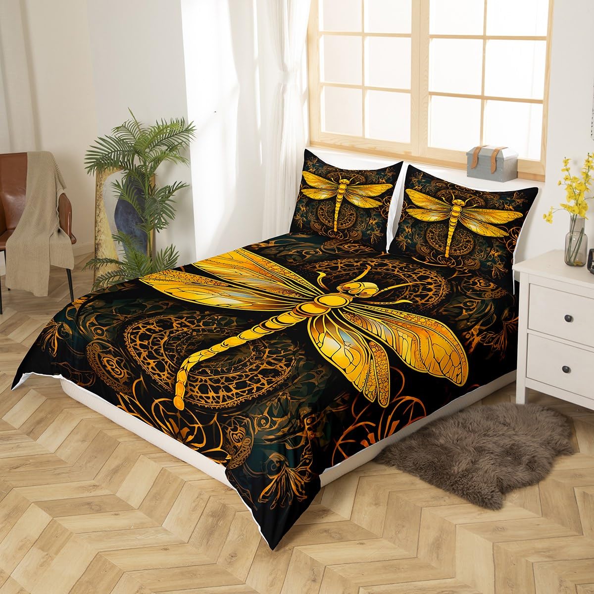 Luxury Gold Boho Dragonfly Bedding Set King Size for Bedroom Decor