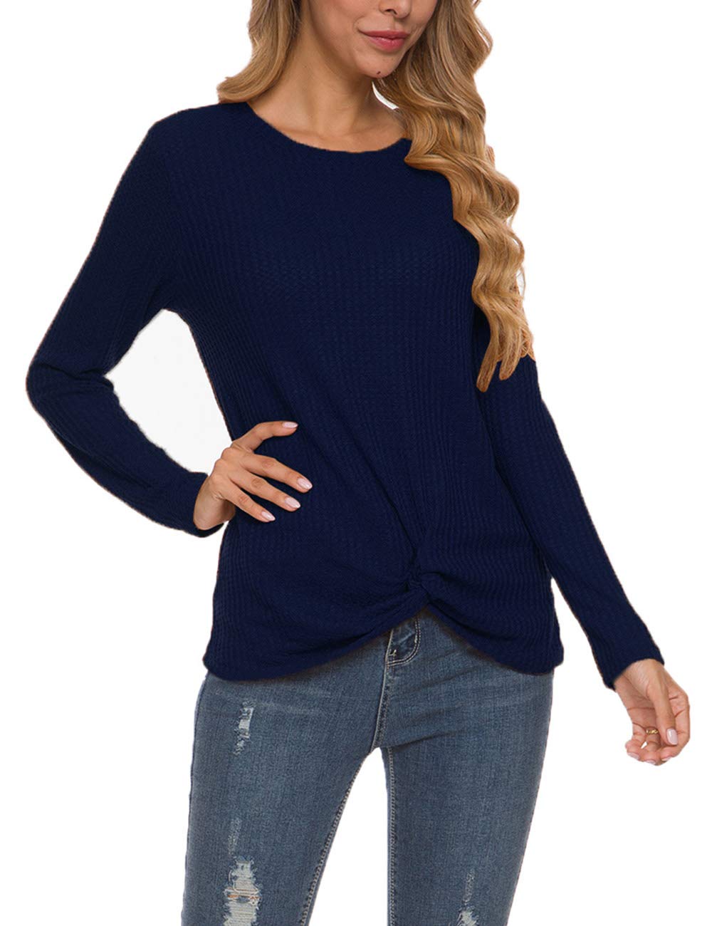 MISFAY Women's Casual Long Sleeve Knit Top with Twist Knot Detail - Soft Waffle Texture Shirt for Everyday Wear, Office & Date Nights