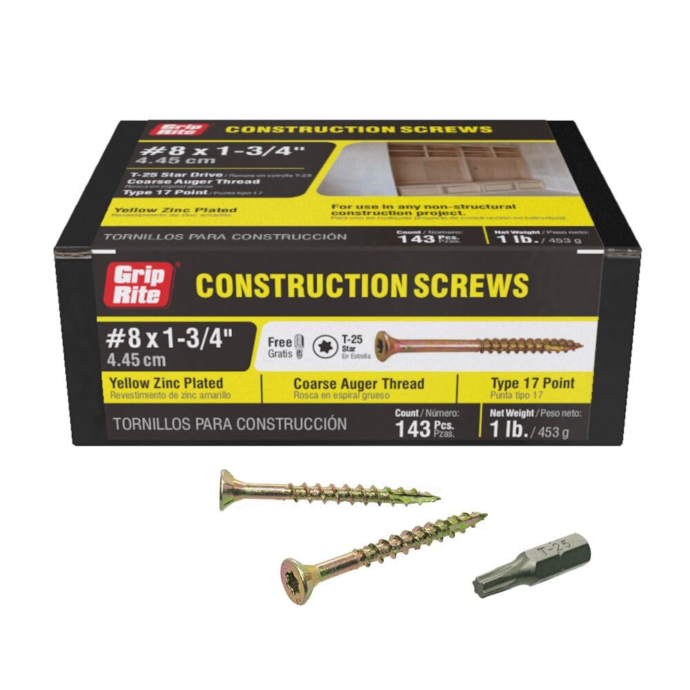 Grip Rite Prime Guard 134GCS1 T25 Star Drive Construction Screws with Type 17 Tip, 8 x 1-3/4 Inch, 1-Pound Box - Ideal for Framing, Decking, and Outdoor Projects