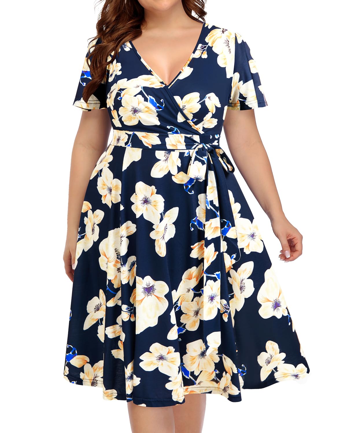 Plus Size Women's Pinup Fashion Cocktail Dress - Semi Formal Wrap Empire Waist Midi Dress for Wedding Guest, Party, and Special Occasions