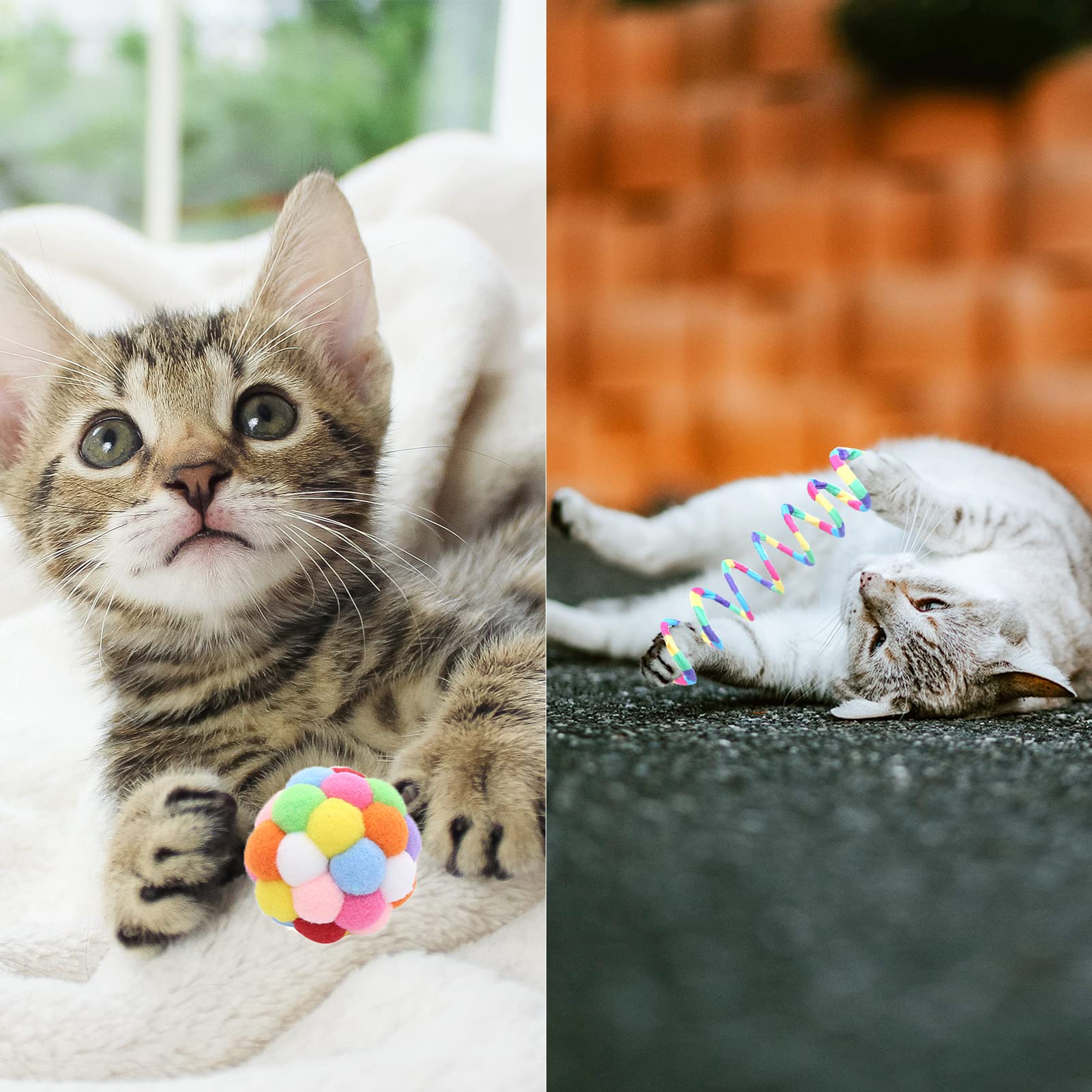 Interactive Cat Toys for Indoor Cats - 3 Pack Rainbow Wand, Fuzzy Balls with Bell & Springs - Fun Exercise Toys for Kittens & Puppies | Perfect for Playtime, Chase Games & Bonding Activities