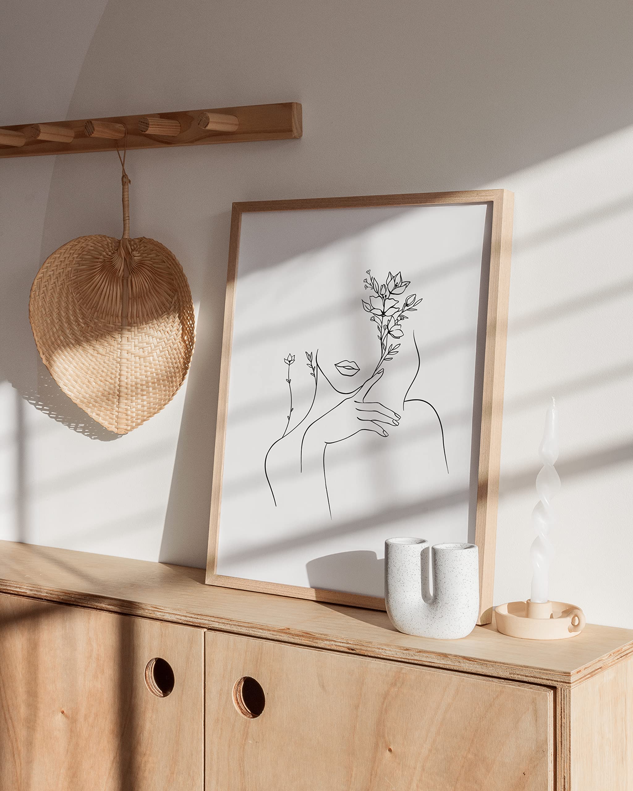 HAUS AND HUES Minimalist Line Art Wall Decor - Silhouette Poster, Modern Female Figure Flower Feminist Art, Woman Line Drawing with Floral Design (Black Frame, 12x16) - Perfect for Living Room, Bedroom, Office & Gift Giving