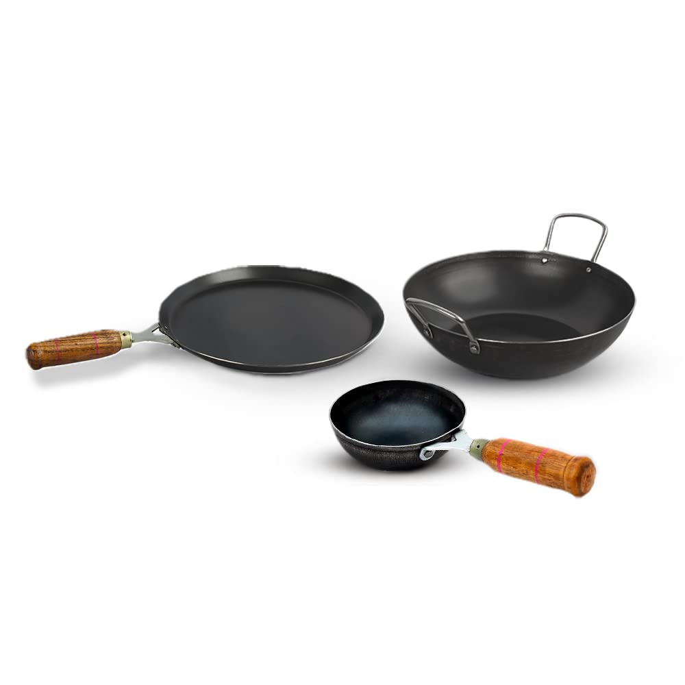 Premium Pre-Seasoned Cast Iron Cookware Set - Tawa, Kadai & Tadka Pan for Indian Cooking | Durable Non-Stick Skillet, Wok & Fry Pan | Perfect for Roti, Curry & Tempering Spices | Stovetop & Oven Safe