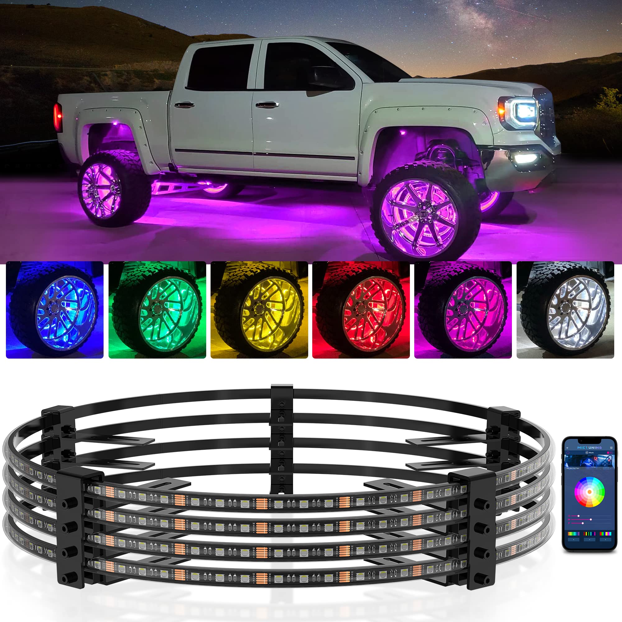 MICTUNING 17.5 Inch RGBW LED Wheel Ring Lights Kit - APP Controlled Neon Wheel Rim Lights with Turn Signal, Braking & Music Sync (4 Pack) - Perfect for Car Customization, Night Driving & Car Shows