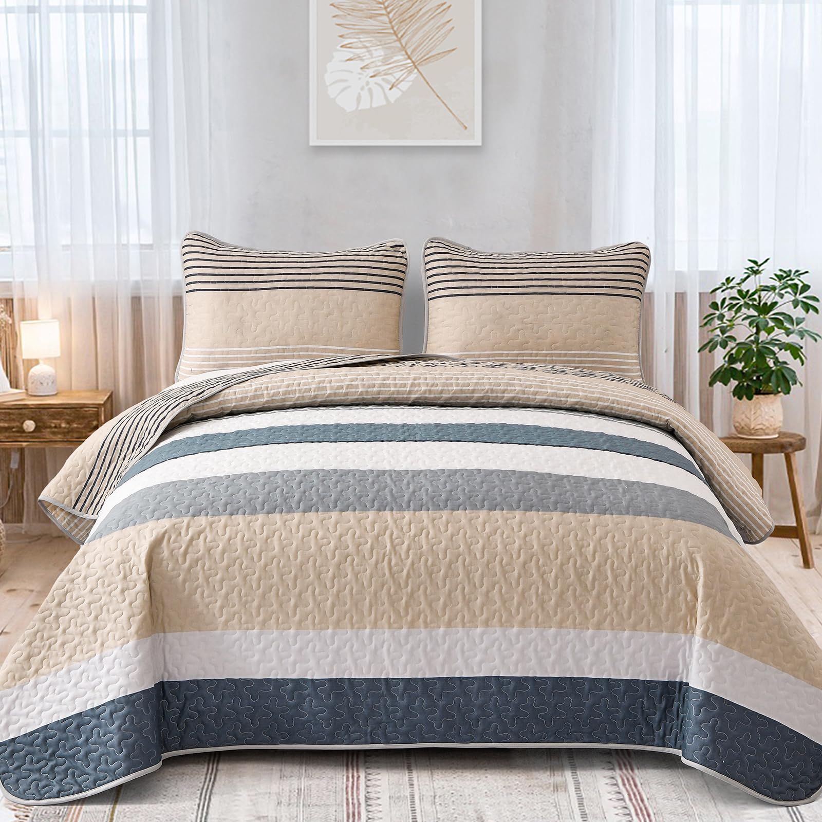 Beige Boho Quilt Queen Size Set - 3 Piece Reversible Microfarmhouse Bedspread with 2 Pillowcases | Khaki Striped Design for All Seasons | Perfect for Farmhouse, Bohemian & Fall Bedroom Decor (Gray Quilt)