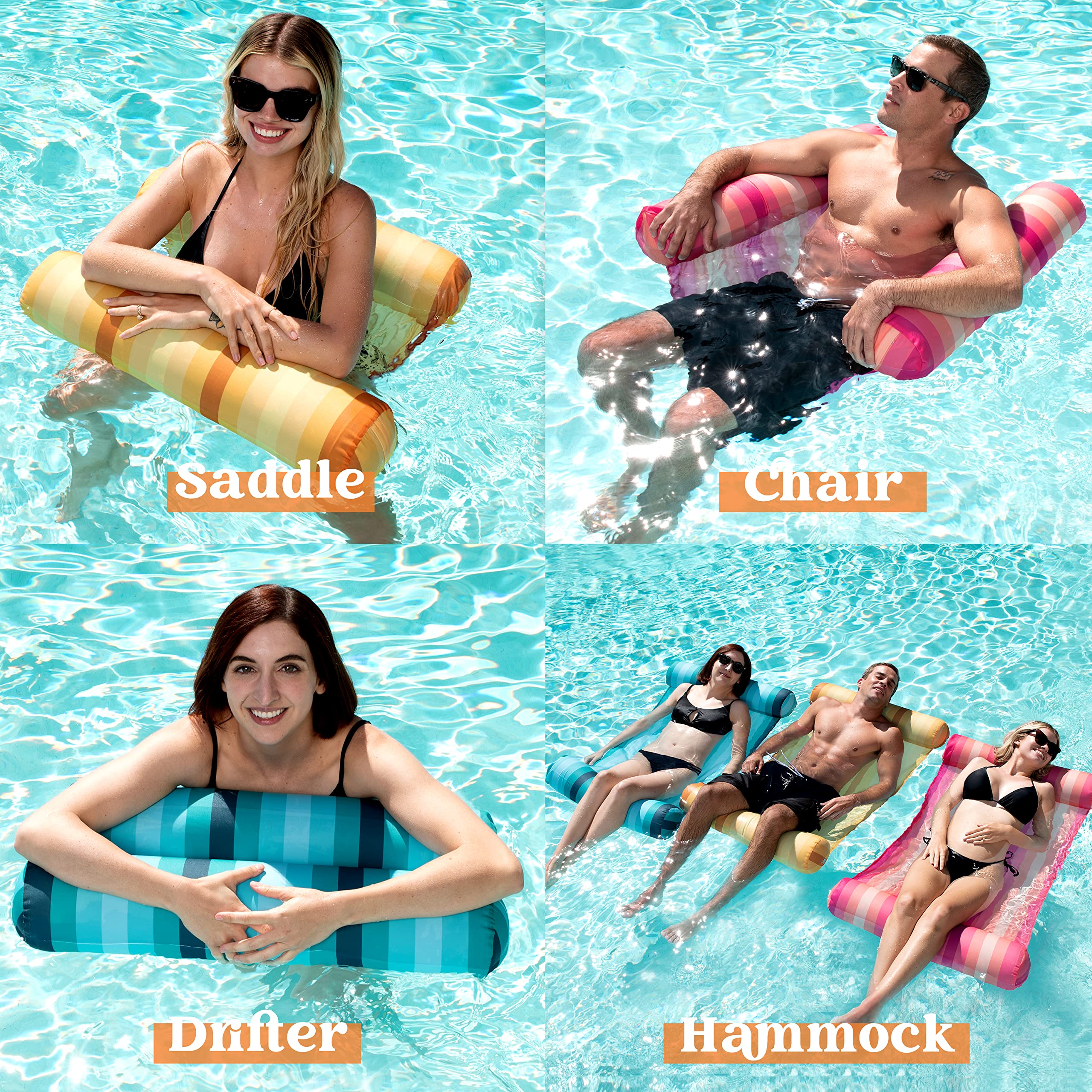 **Sloosh 3-Pack 4-in-1 Inflatable Pool Floats - Water Hammock Loungers, Multi-Purpose Swimming Pool Accessories (Saddle, Lounge Chair, Drifter) for Adults & Kids - Perfect for Pool, Lake, Beach & Summer Relaxation**