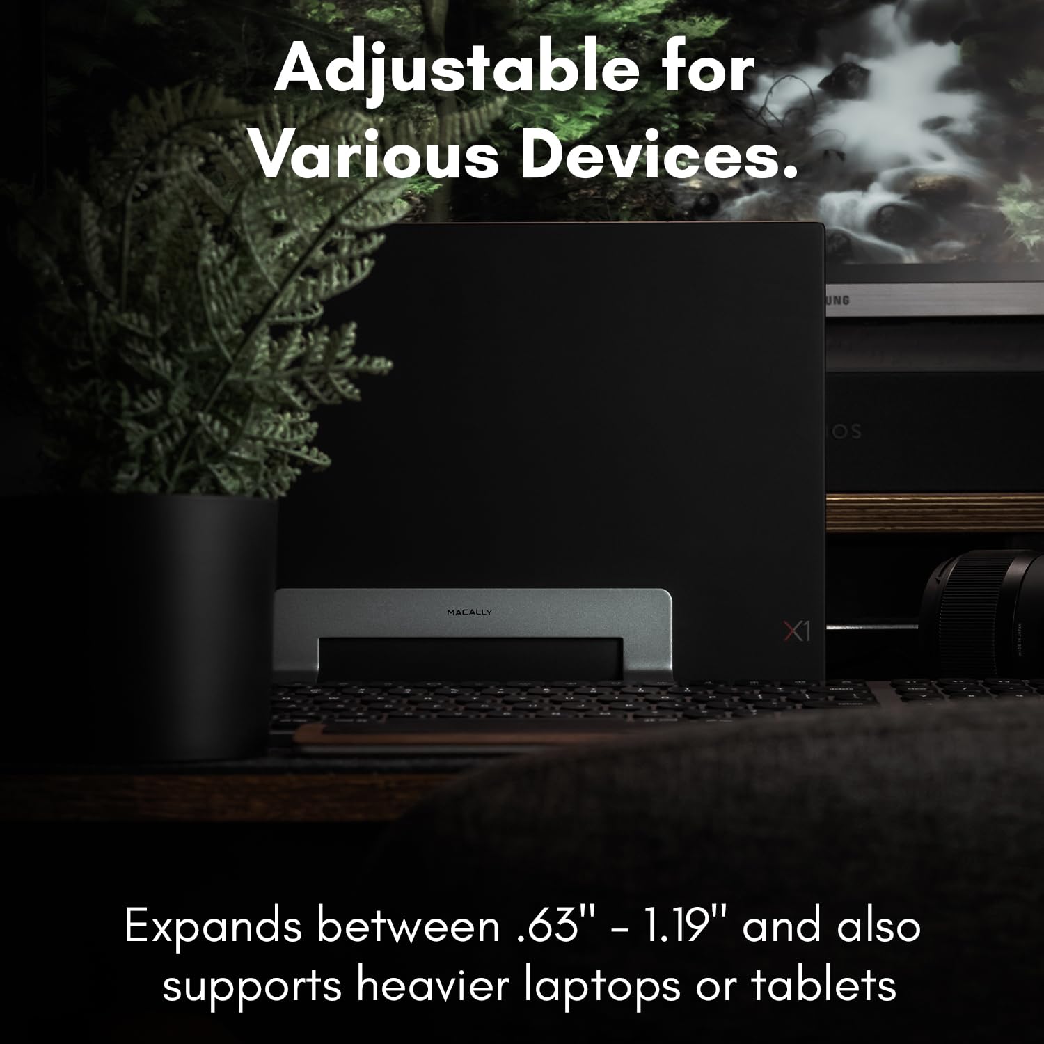 Macally Vertical Laptop Stand for Desk - Adjustable Laptop Holder for MacBook Pro/Air & Other Laptops | Space-Saving Design with Improved Airflow | Perfect for Home Office, Workspace & Travel Use