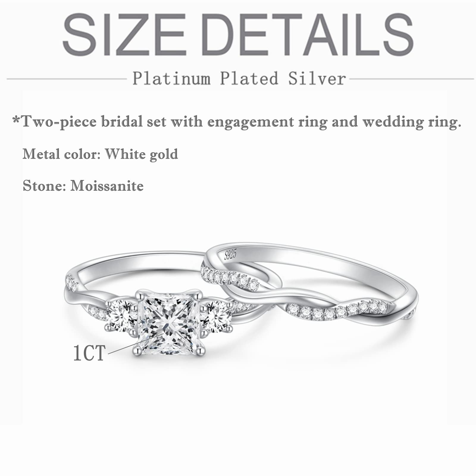 1.5 Carat (ctw) Princess Cut Moissanite Wedding Ring Set for Women - 14K White Gold Plated Silver Infinity Twist Engagement & Bridal Set - Perfect for Proposals, Anniversaries, and Special Occasions