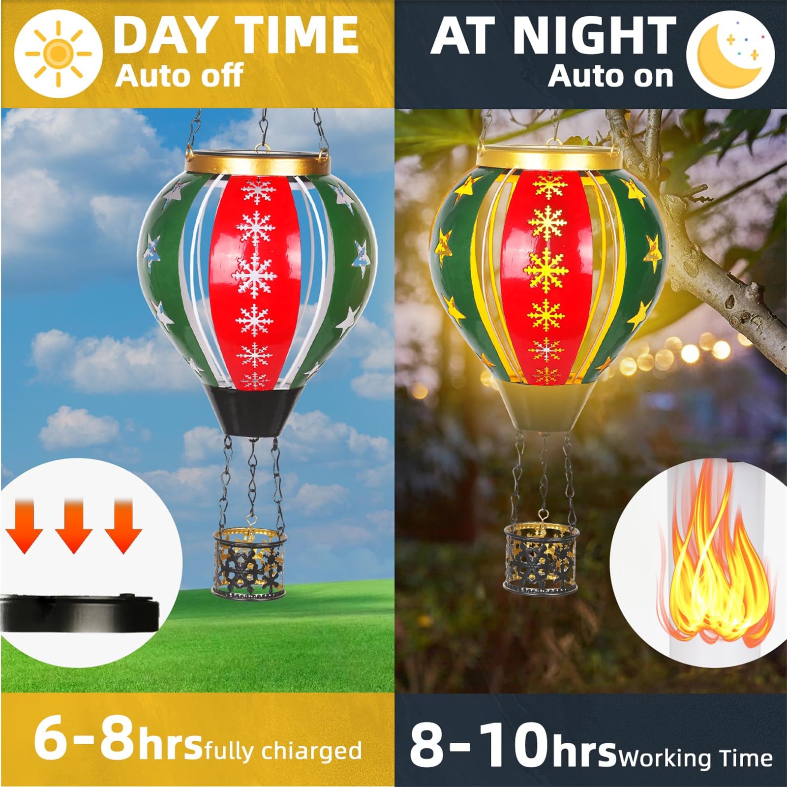 Solar Powered Christmas Lanterns - Waterproof Hanging Hot Air Balloon Lights with Flickering Flame Effect for Outdoor Garden, Yard, Tree Decor - Metal Farmhouse Holiday Decorations (Perfect for Christmas, Parties, Weddings & Patio Lighting)
