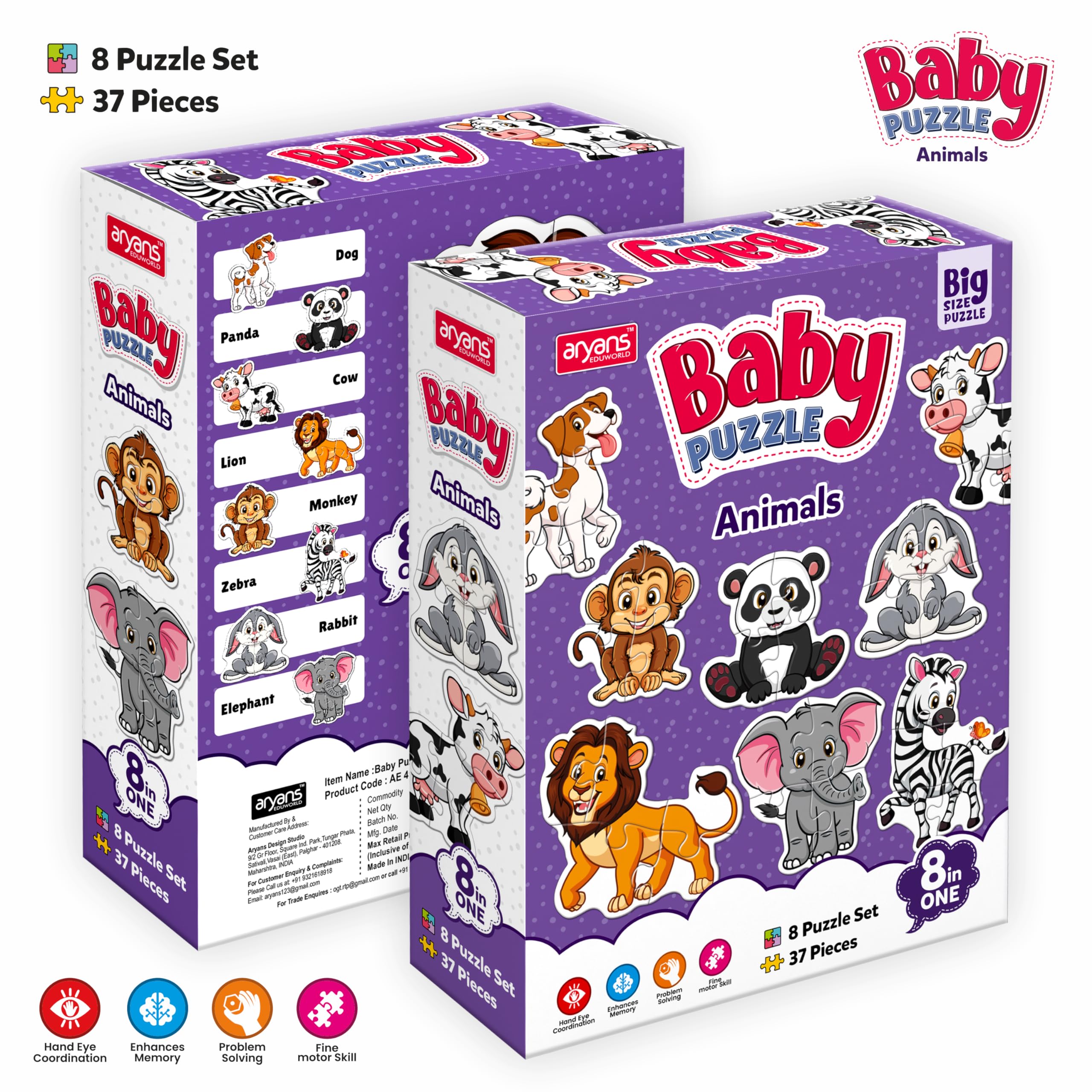 Aryans Eduworld | 8 Animal Puzzles for Kids Ages 4+ | 37 Piece Large Size Educational Puzzle Set with Monkey, Rabbit, Cow, Panda | Learning Toys for Boys & Girls | Perfect for Preschool Learning & Birthday Gifts