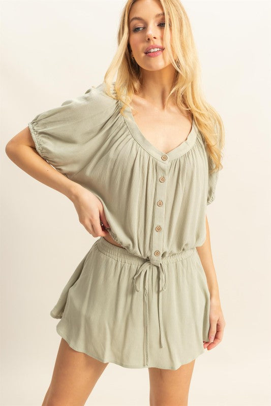Women's Drawstring Hem Short Sleeve Top & Skort Set - Casual Summer Outfit for Beach, Vacation, and Daily Wear