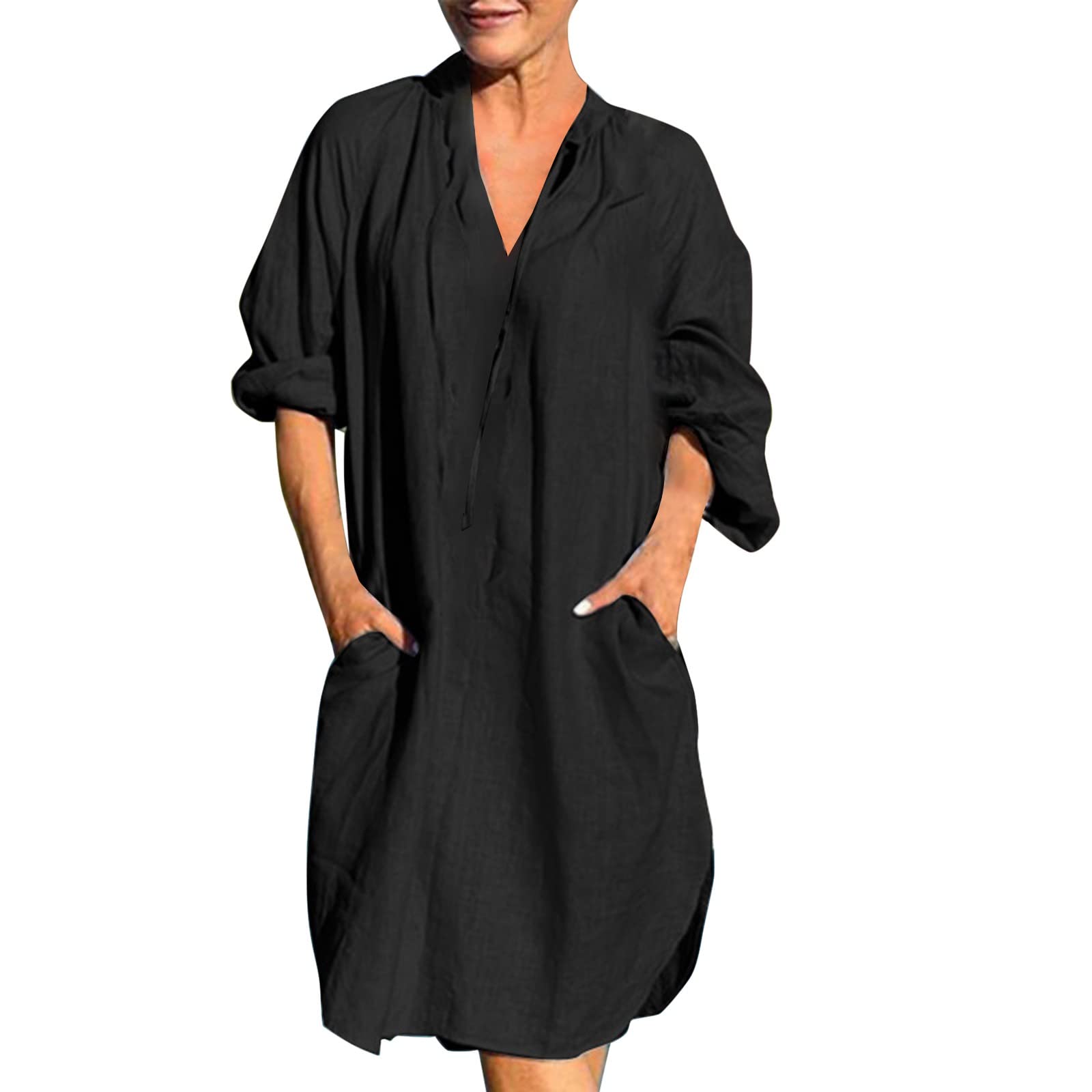 Women's Casual Summer Knee-Length Shirt Dress - Long Sleeve Color Block Loose Fit Tunic - Perfect for Office Wear, Weekend Outings & Beach Cover-Ups