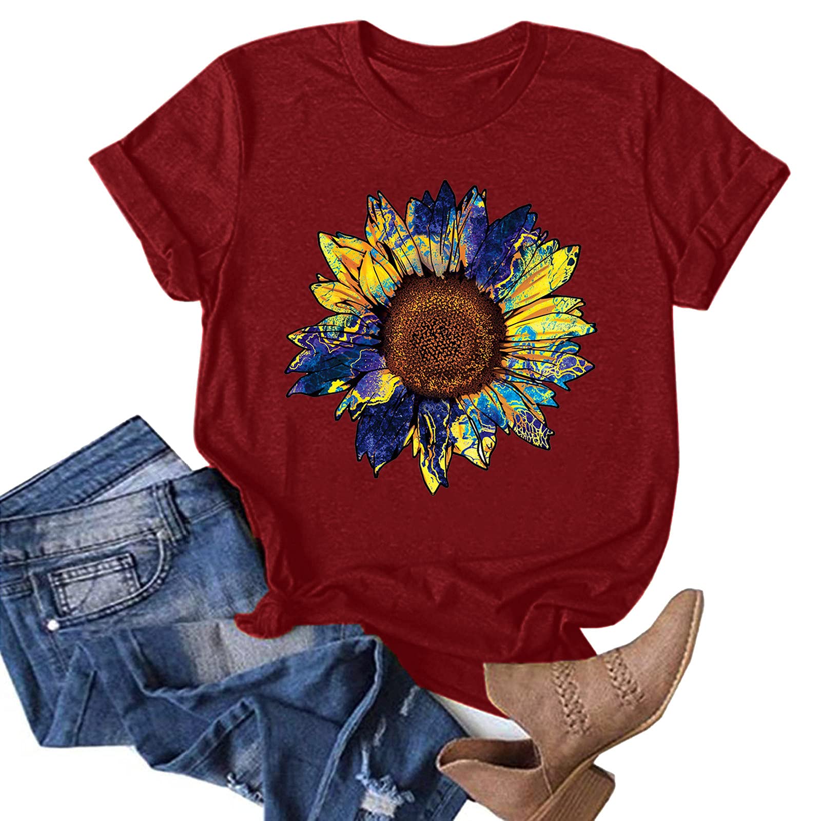 Hotkey Women's Summer Tops - Vintage Sunflower Printed Casual Short Sleeve Loose Fit Graphic Tee Shirts | Perfect for Beach Outings, Weekend Brunch & Summer Vacation