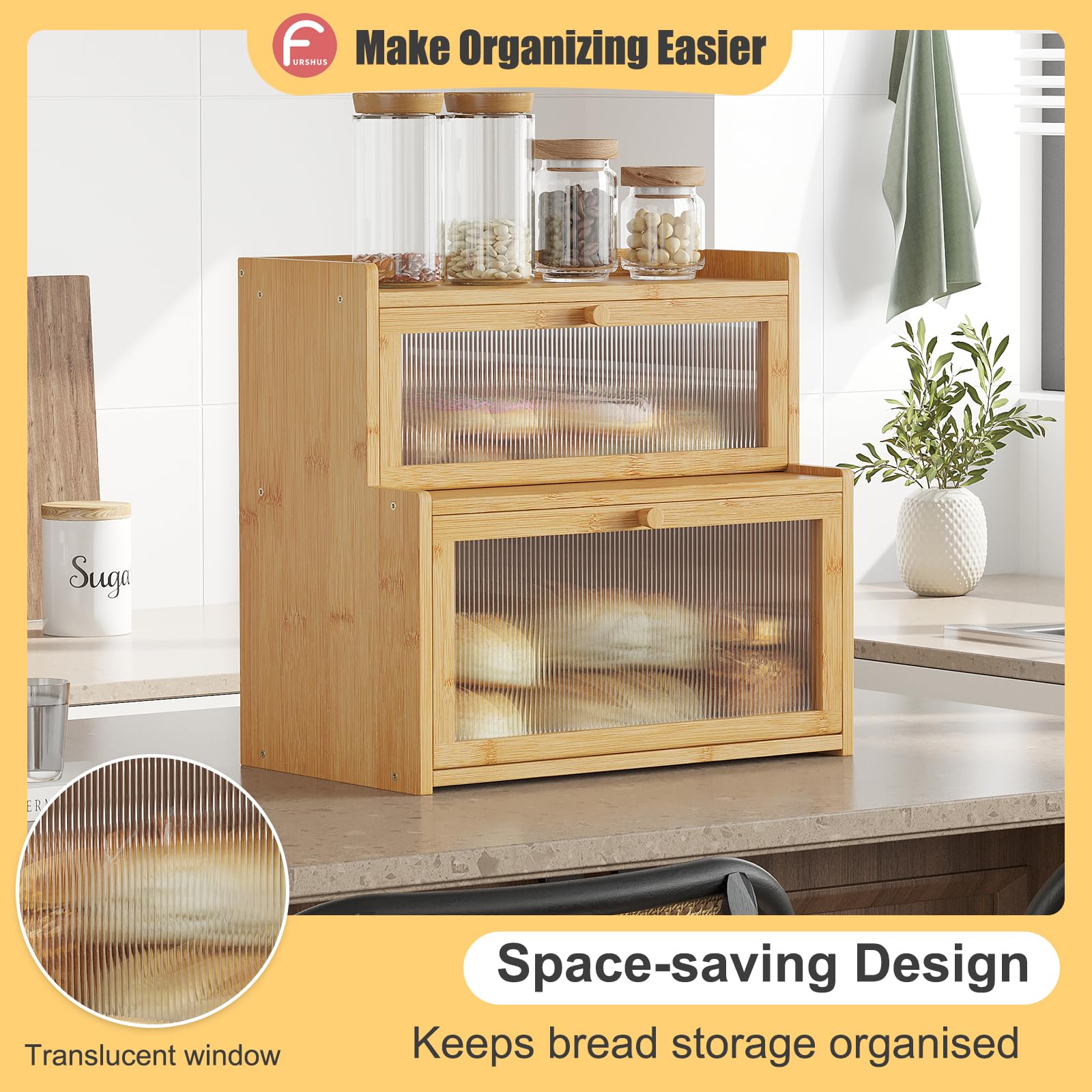 Double Layer Bamboo Bread Box with Window - Natural Wood Bread Storage Container for Kitchen Countertop | Perfect for Storing Baguettes, Sourdough, and Artisan Breads | Keep Bread Fresh on Counter or Pantry