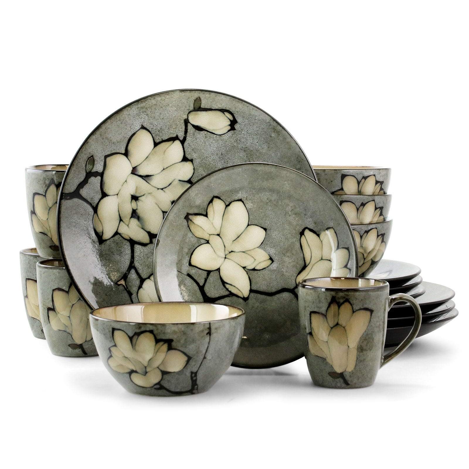 16-Piece Stoneware Dinnerware Set - Grey Floral Design, Microwave & Dishwasher Safe, Casual Round Plates & Bowls for Everyday Dining & Entertaining