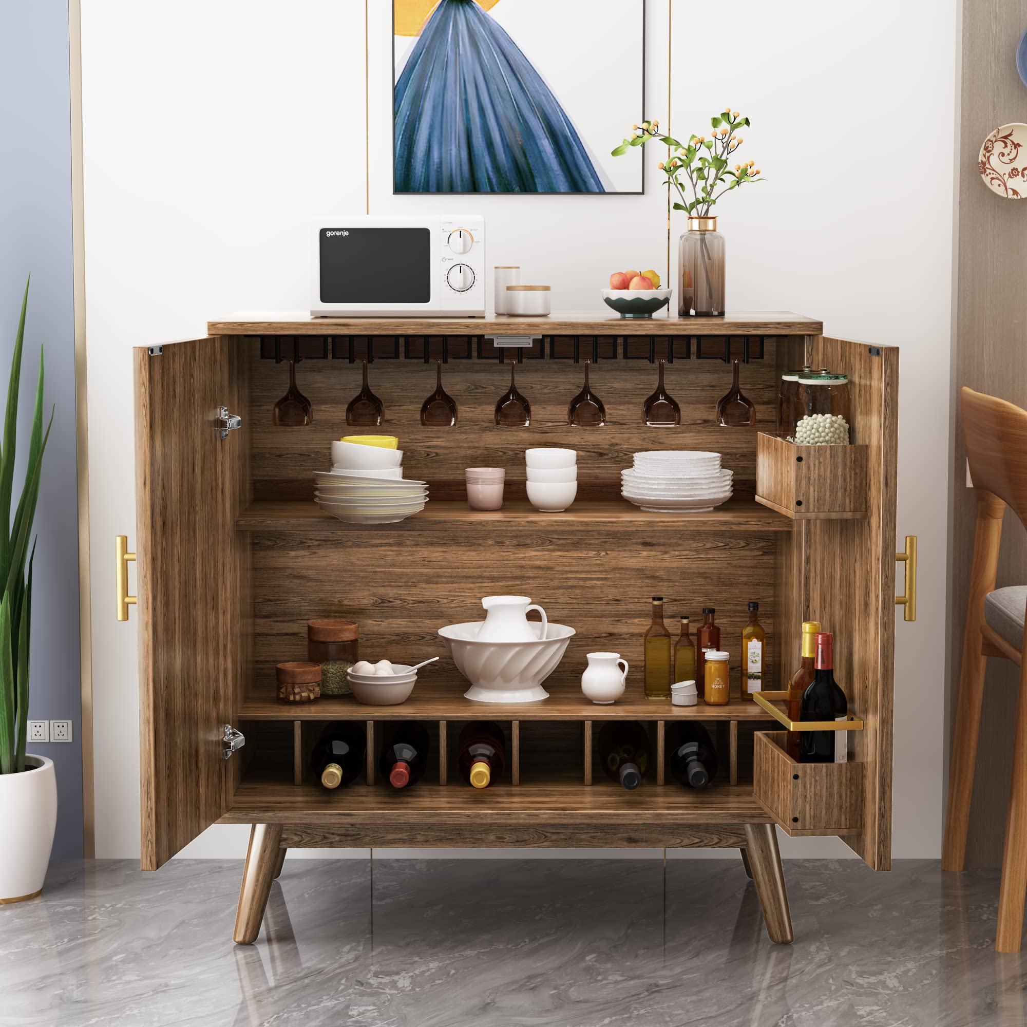 AWQM Sideboard Buffet Cabinet with Double Doors - Wine Bar Storage Cabinet with Wine Rack & Glass Holder - Modern Brown Sideboard for Dining Room, Living Room, Kitchen - Perfect for Home Bar, Wine Storage & Display