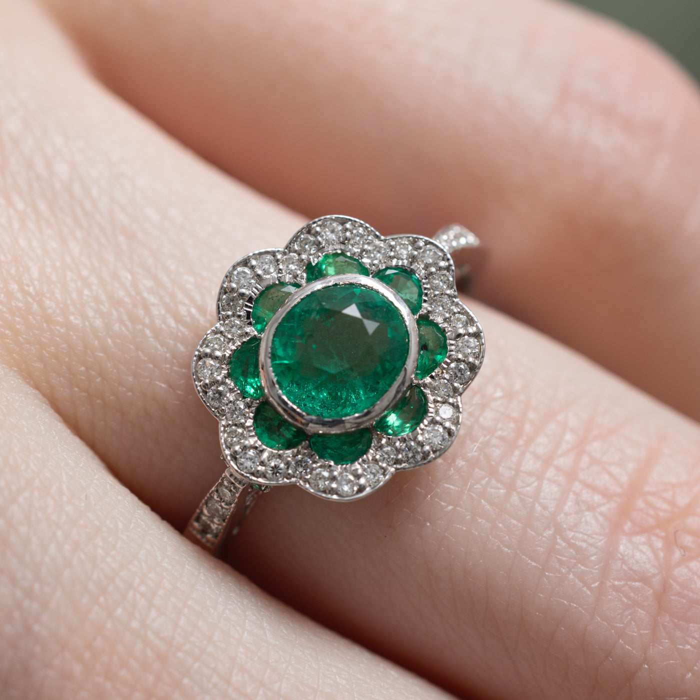 GIA Certified 1.21ctw Emerald and Diamond Halo Engagement Ring | 0.20ctw Diamond Accents | Size 6.75 | Perfect for Wedding, Proposal & Anniversary Gifts