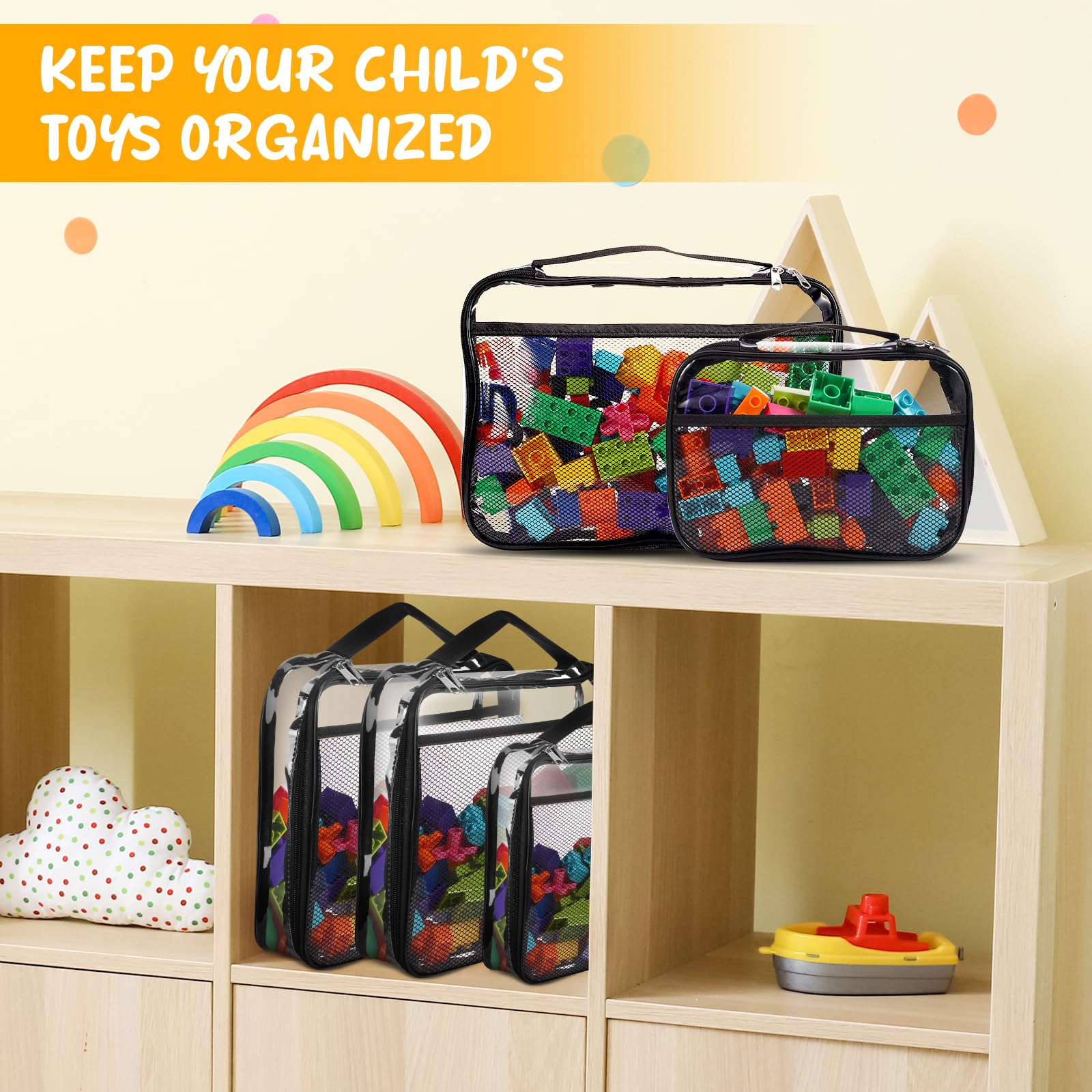8 Pack Reusable Clear PVC Toy Storage Bags with Zipper - Waterproof Travel Organizer for Building Blocks, LEGO Bricks, Puzzles & Books | Portable Handle for Easy Carrying | Perfect for Kids Room, Playroom & Travel Organization